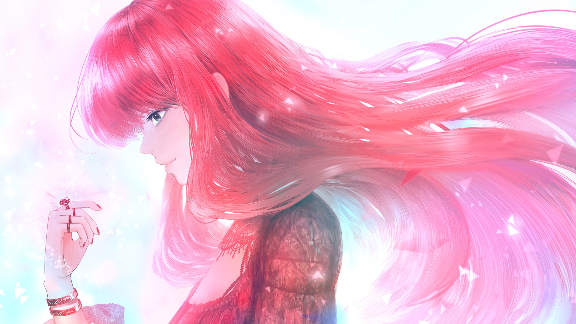 Anime girl with pink hair and rings HD Wallpaper