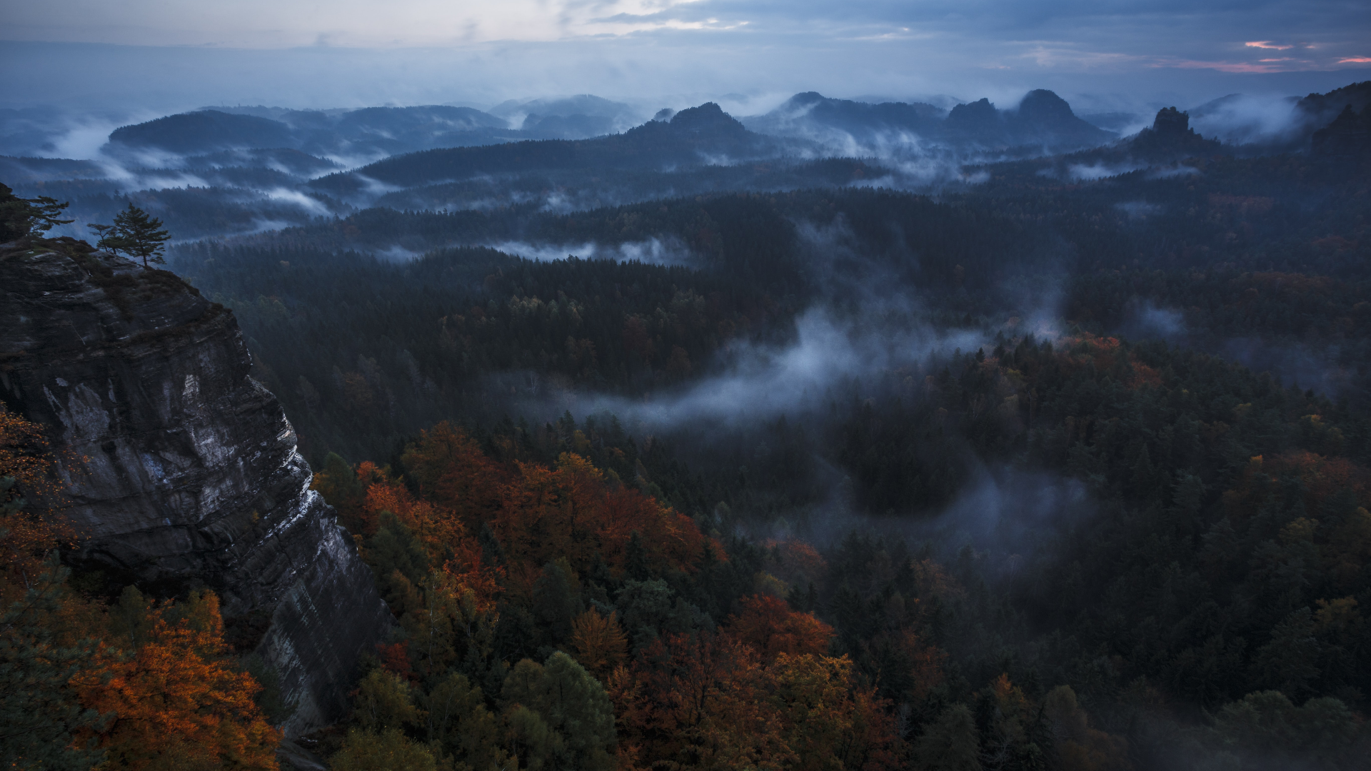 Misty mountains and forest during autumn dawn HD Wallpaper