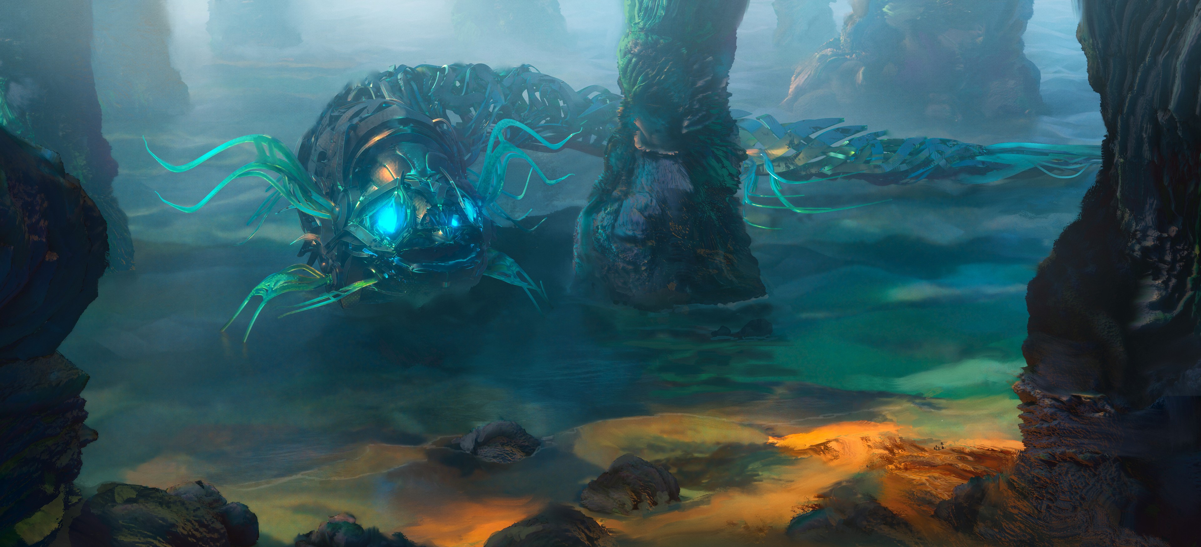 Digital art of a mechanical sea creature by Leon Tukker HD Wallpaper