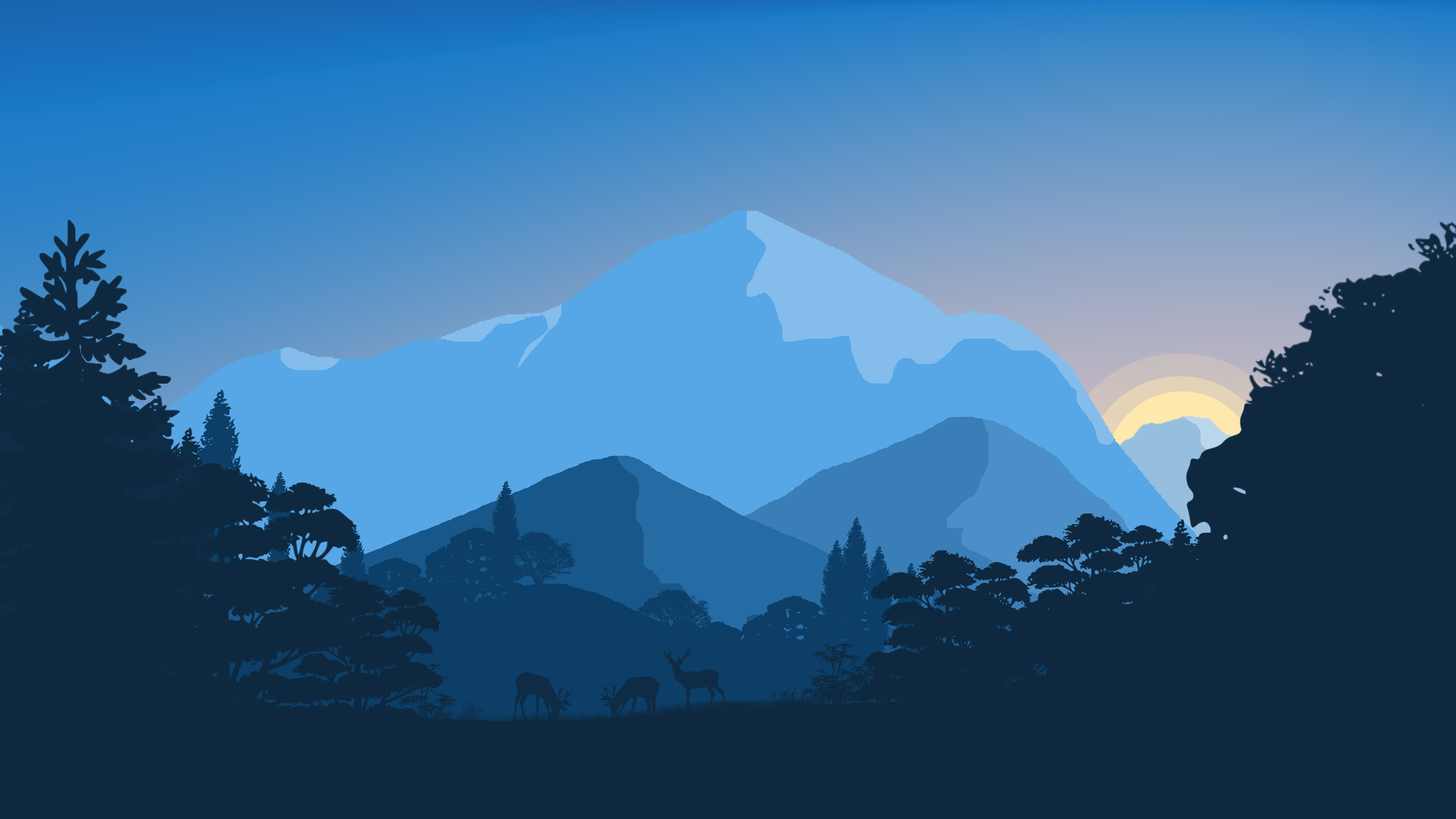 Minimalist Sunset over Mountains with Deer HD Wallpaper