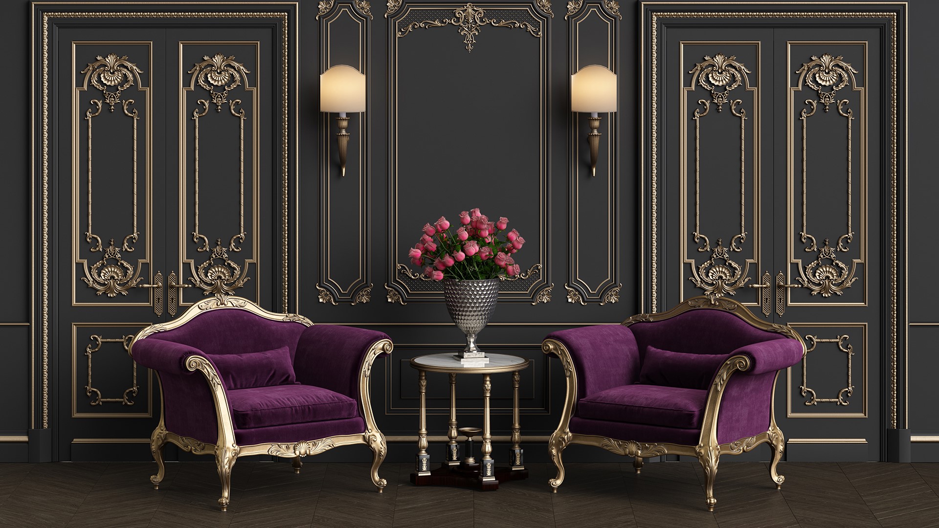 Ornate room with purple chairs and flower vase HD Wallpaper