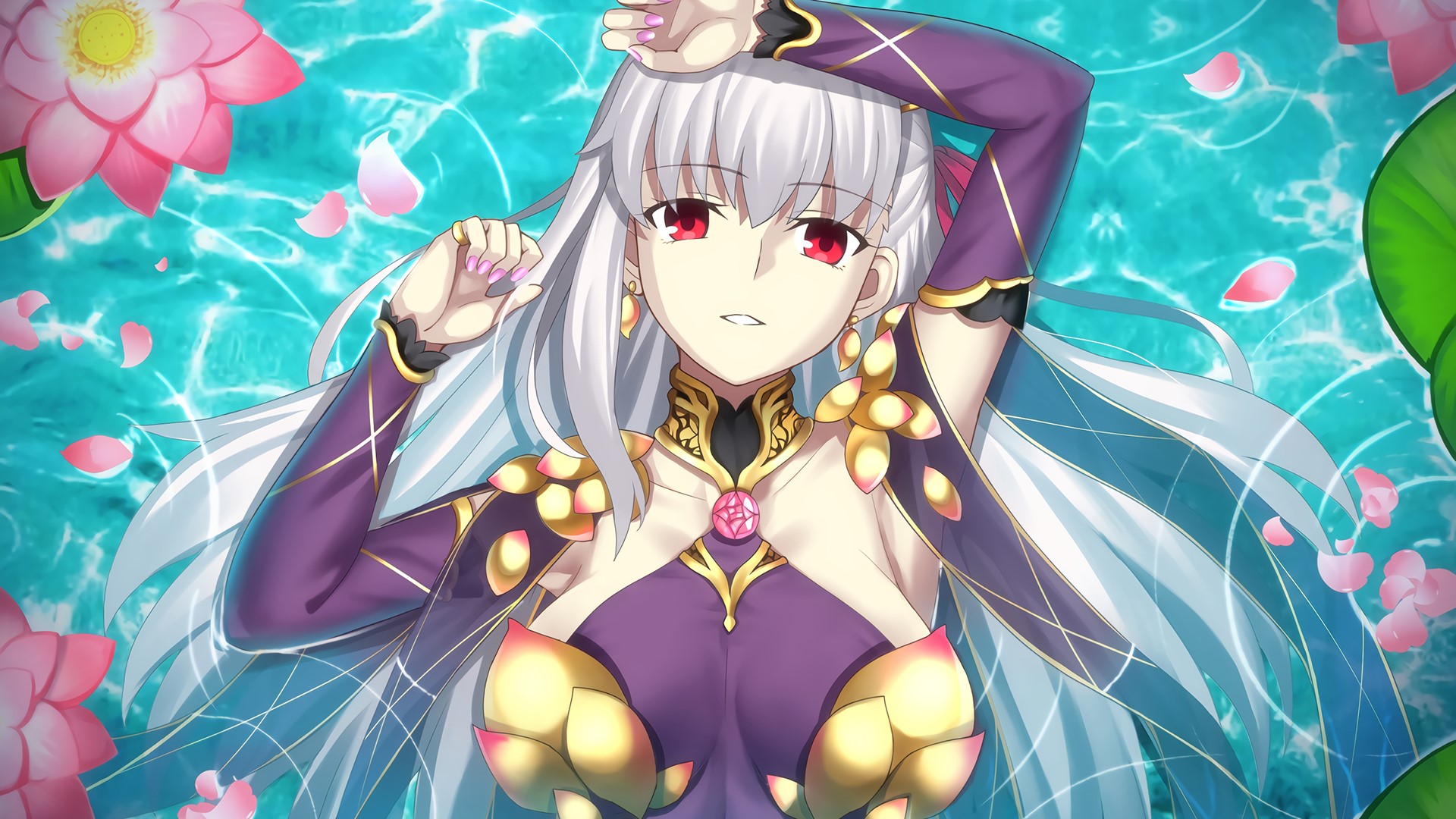 Kama from Fate Series in water with lotus flowers HD Wallpaper