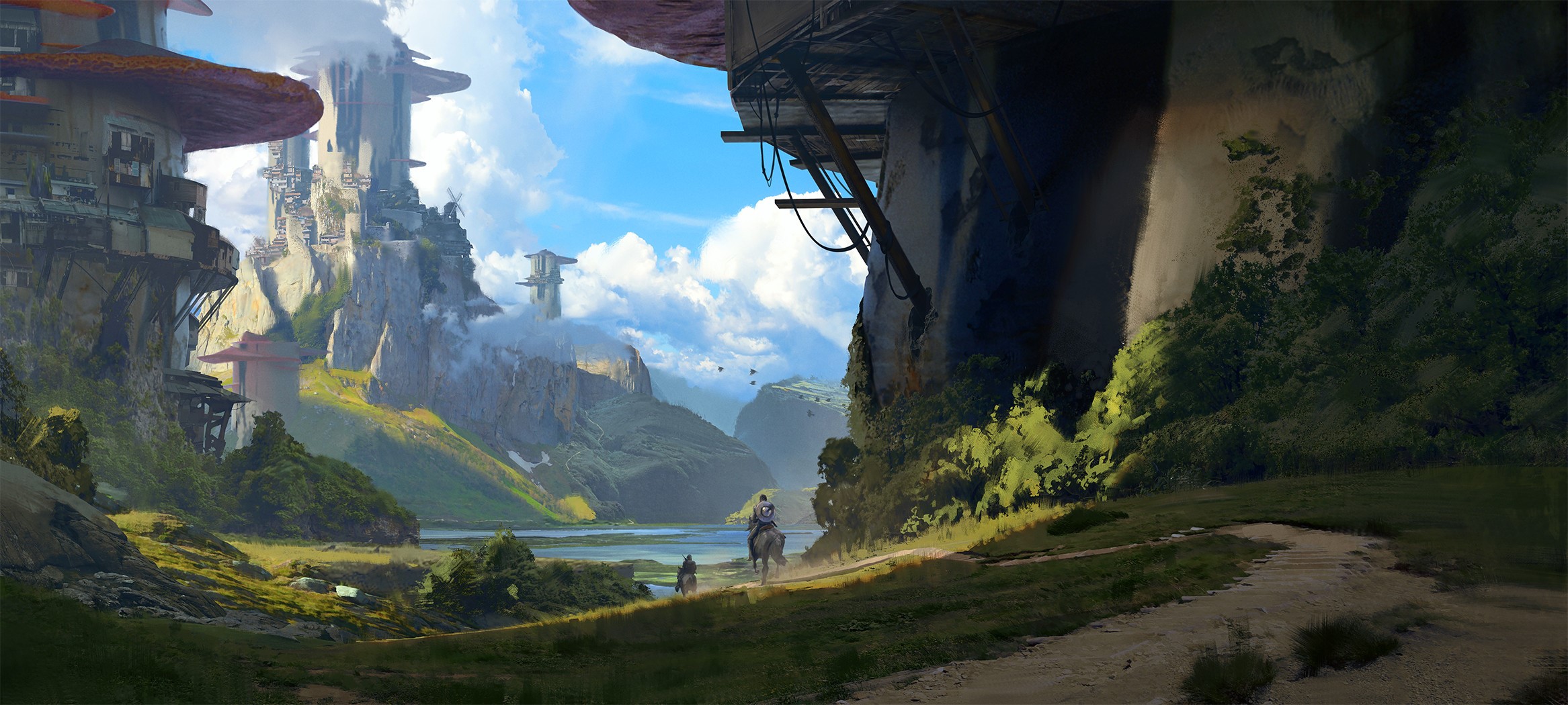 Fantasy landscape with futuristic structures and riders HD Wallpaper