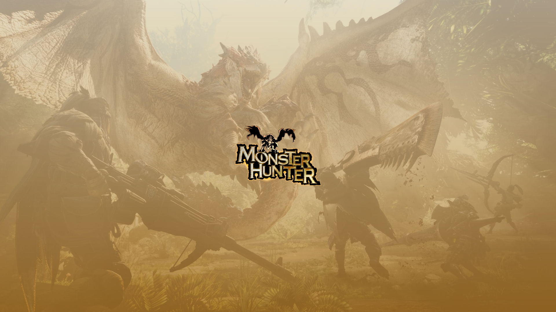 Monster Hunter video game title screen with dragon and hunters HD Wallpaper