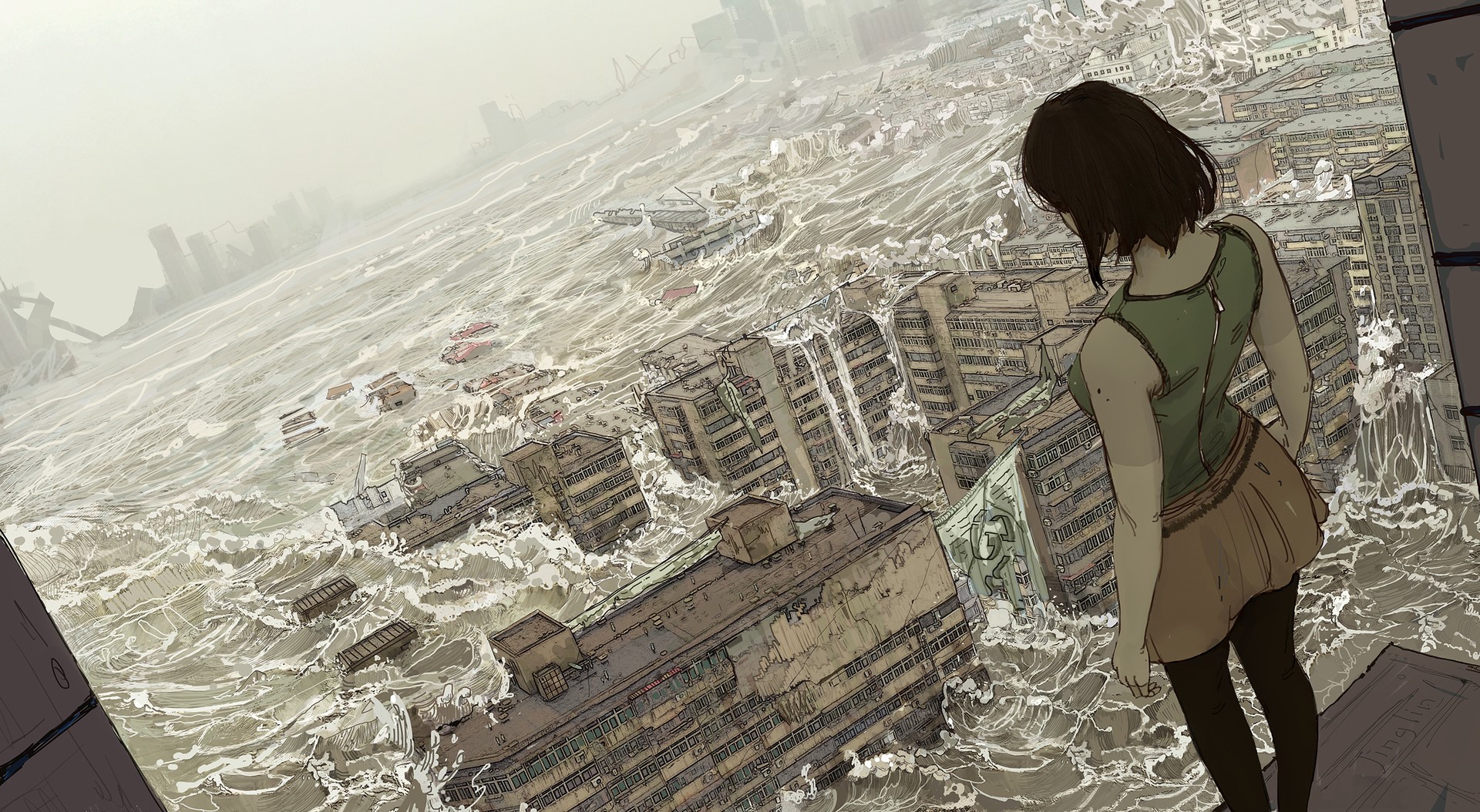 Girl looking at flooded city with waves HD Wallpaper