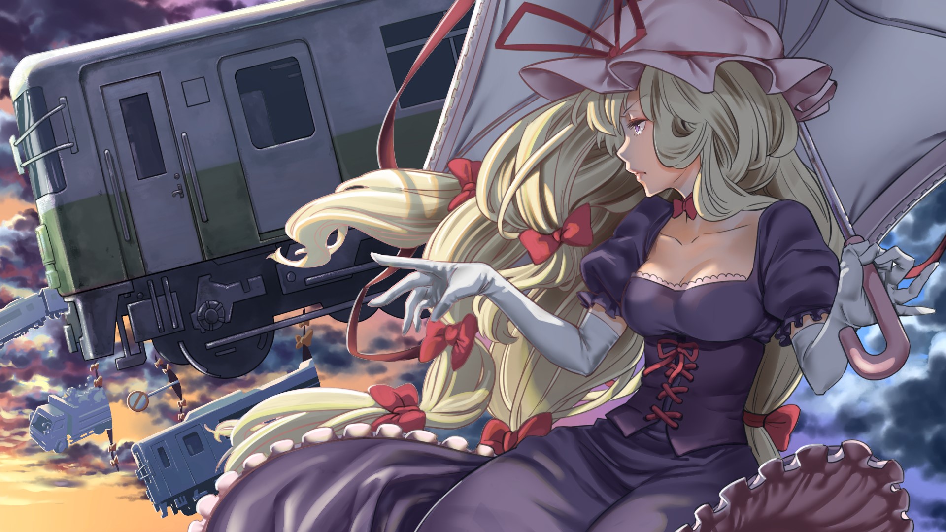 Yakumo Yukari from Touhou with trains in the sky HD Wallpaper