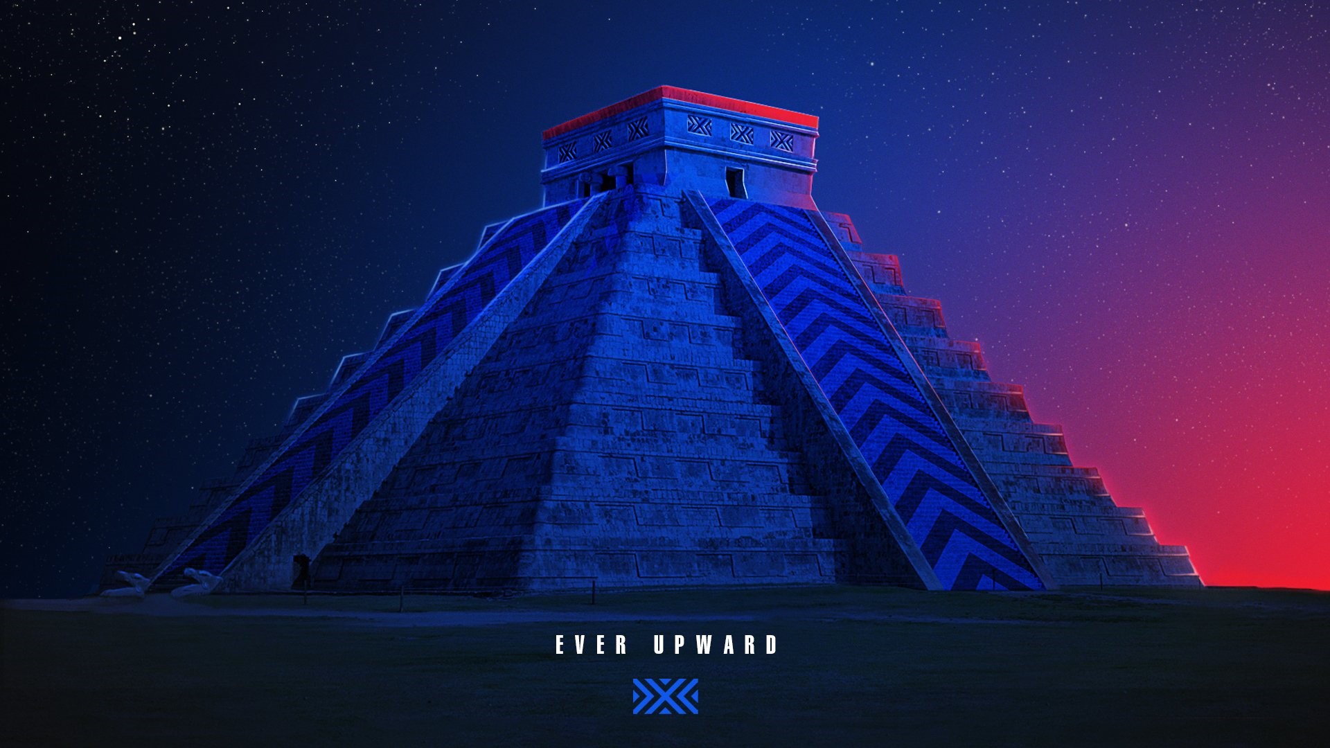 Chichen Itza pyramid with blue and red lighting HD Wallpaper