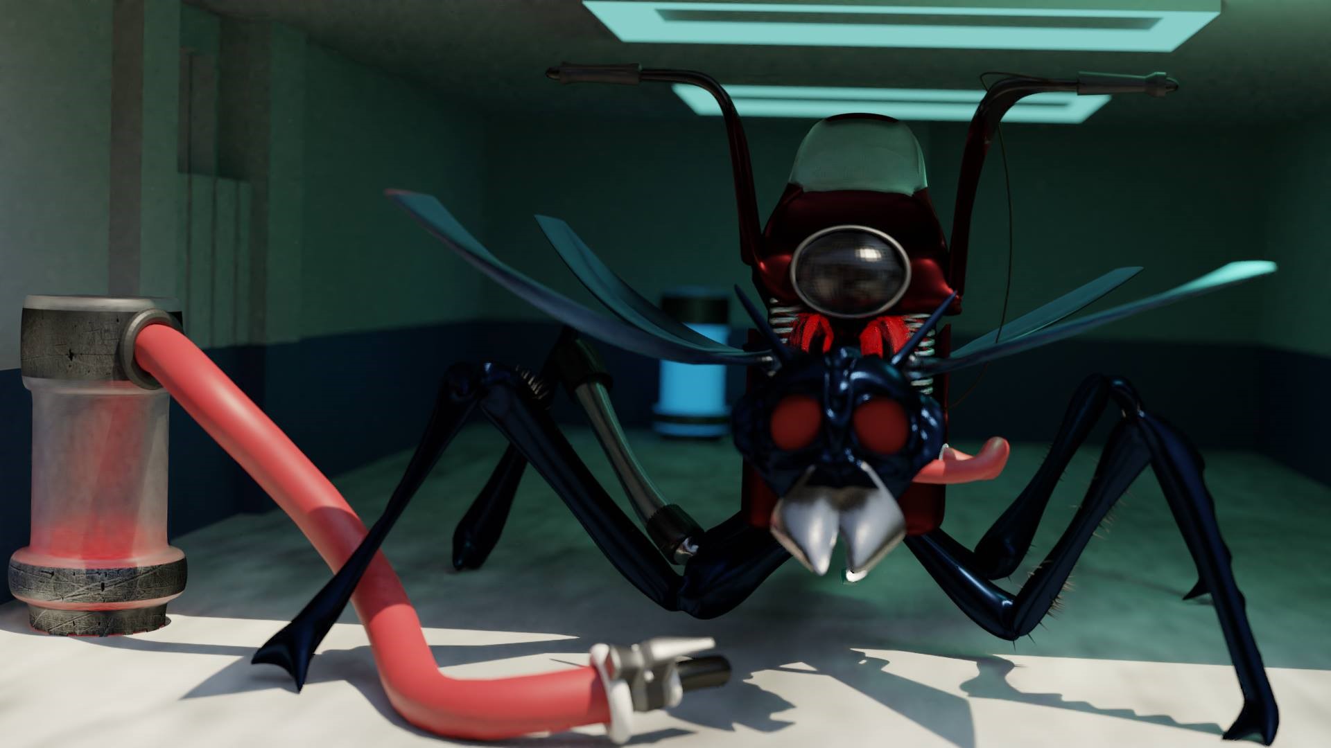 Cyborg insect with red hose in a laboratory HD Wallpaper