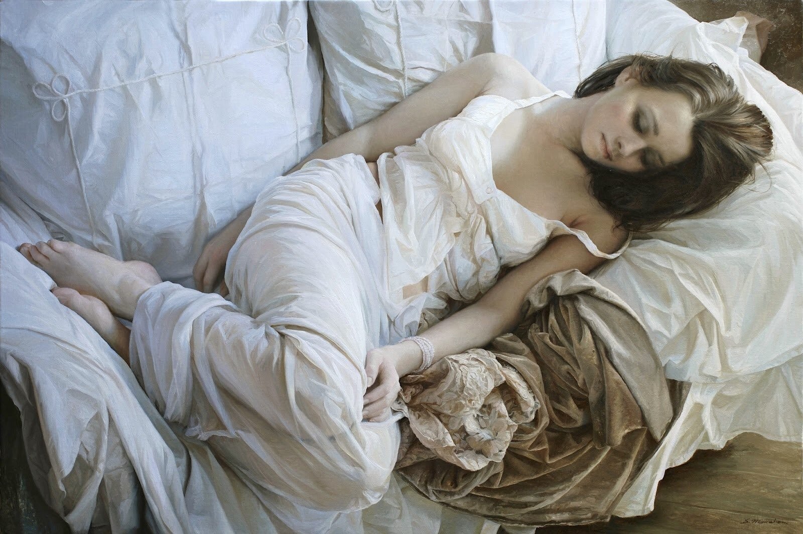 Painting of a woman sleeping on a bed HD Wallpaper