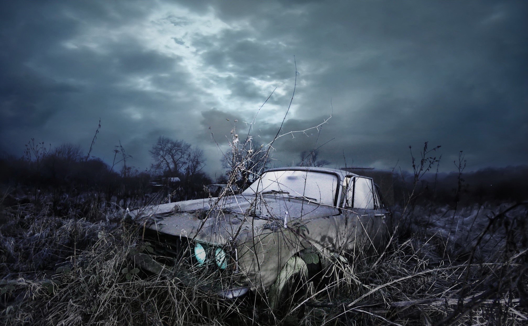 Abandoned car in overgrown field under stormy sky HD Wallpaper