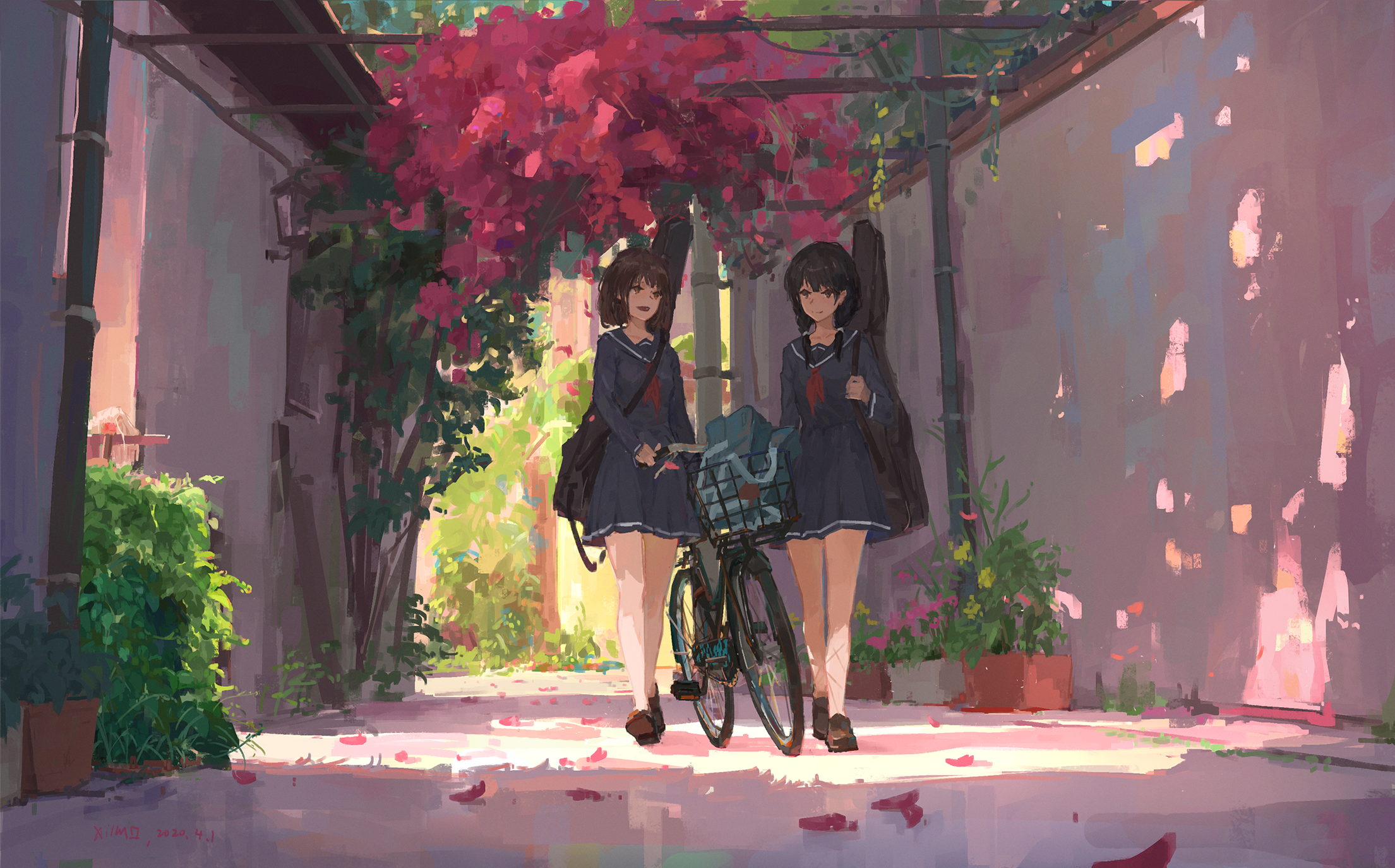 Anime girls with guitars and bicycle HD Wallpaper