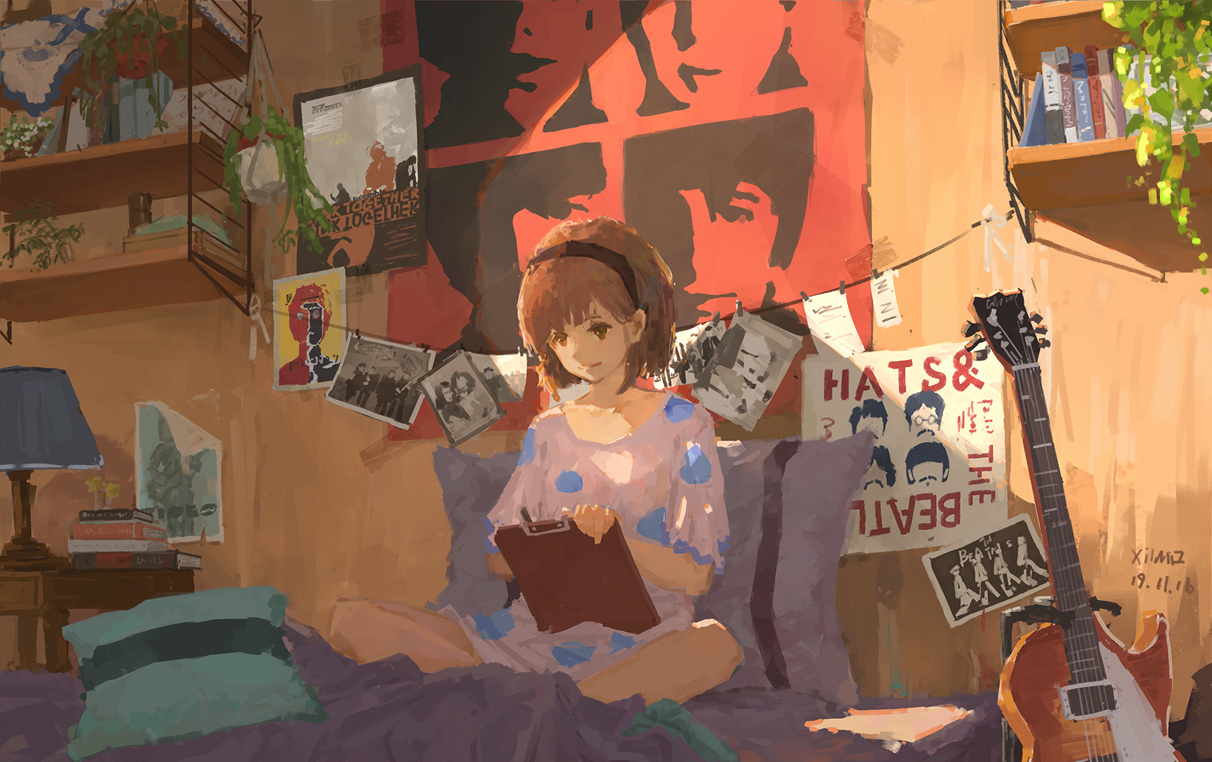 Anime girl with Beatles posters and guitar HD Wallpaper