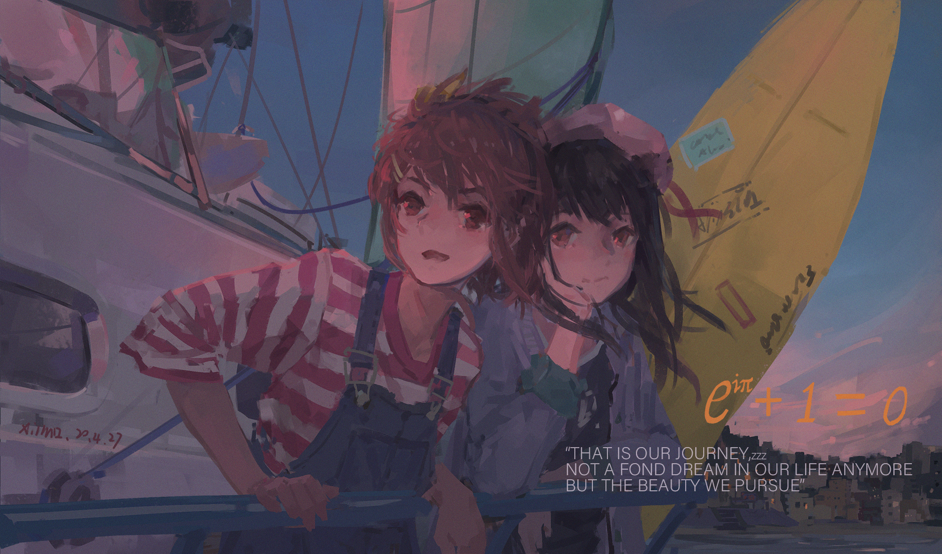 Anime girls on a boat with a surfboard HD Wallpaper