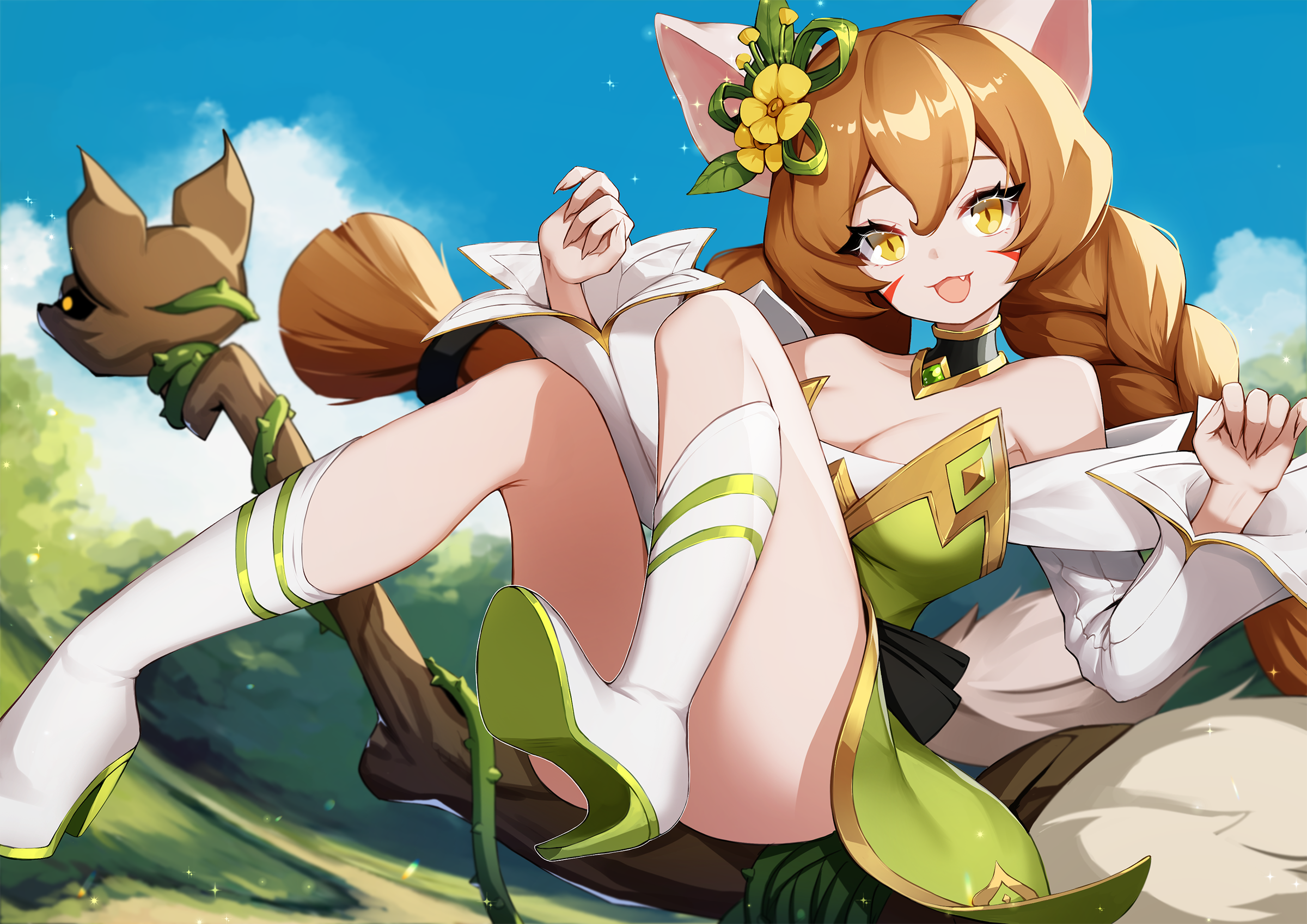 Anime girl with animal ears and tail sitting on a branch HD Wallpaper