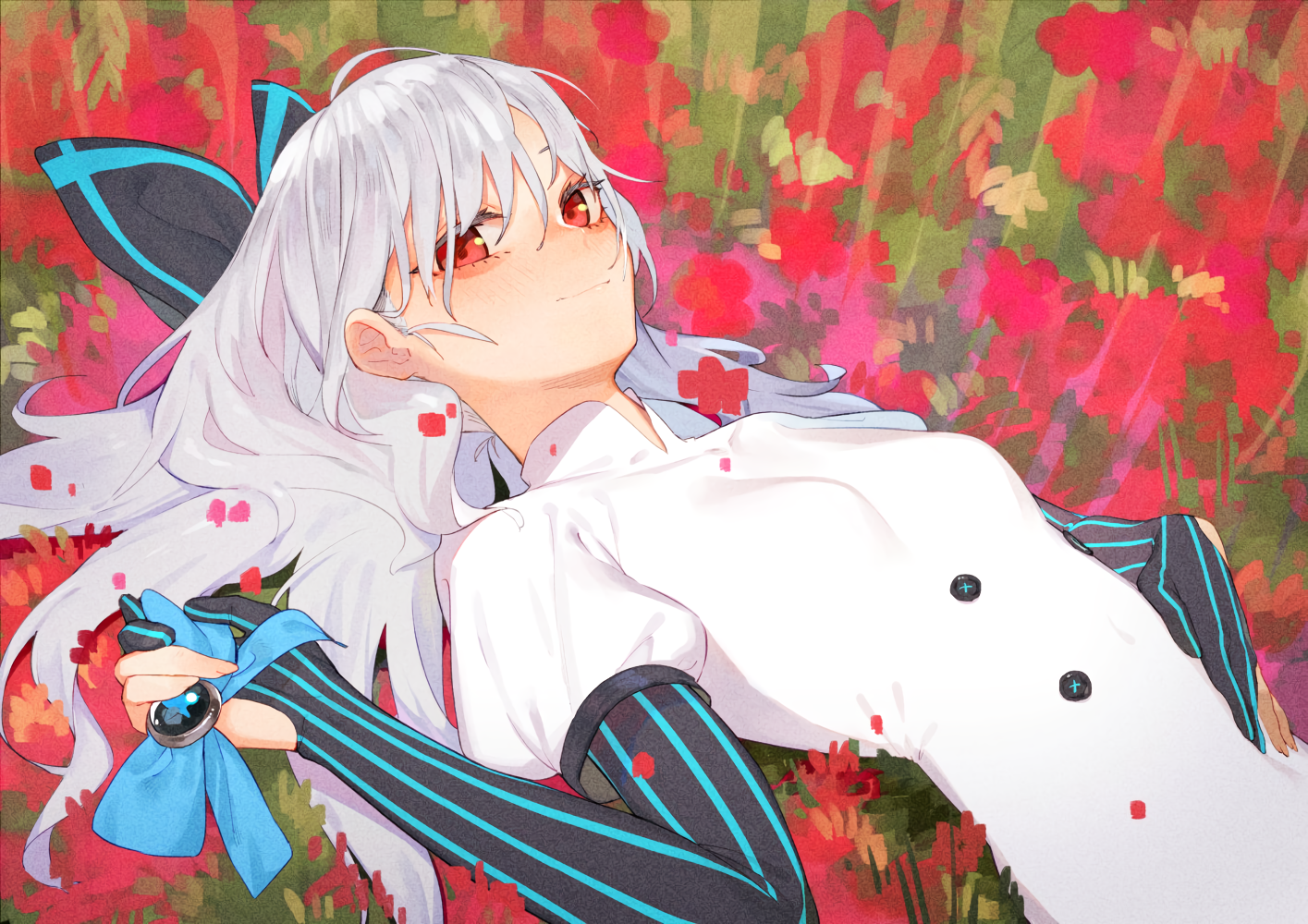 Anime girl with gray hair and red eyes lying in flowers HD Wallpaper