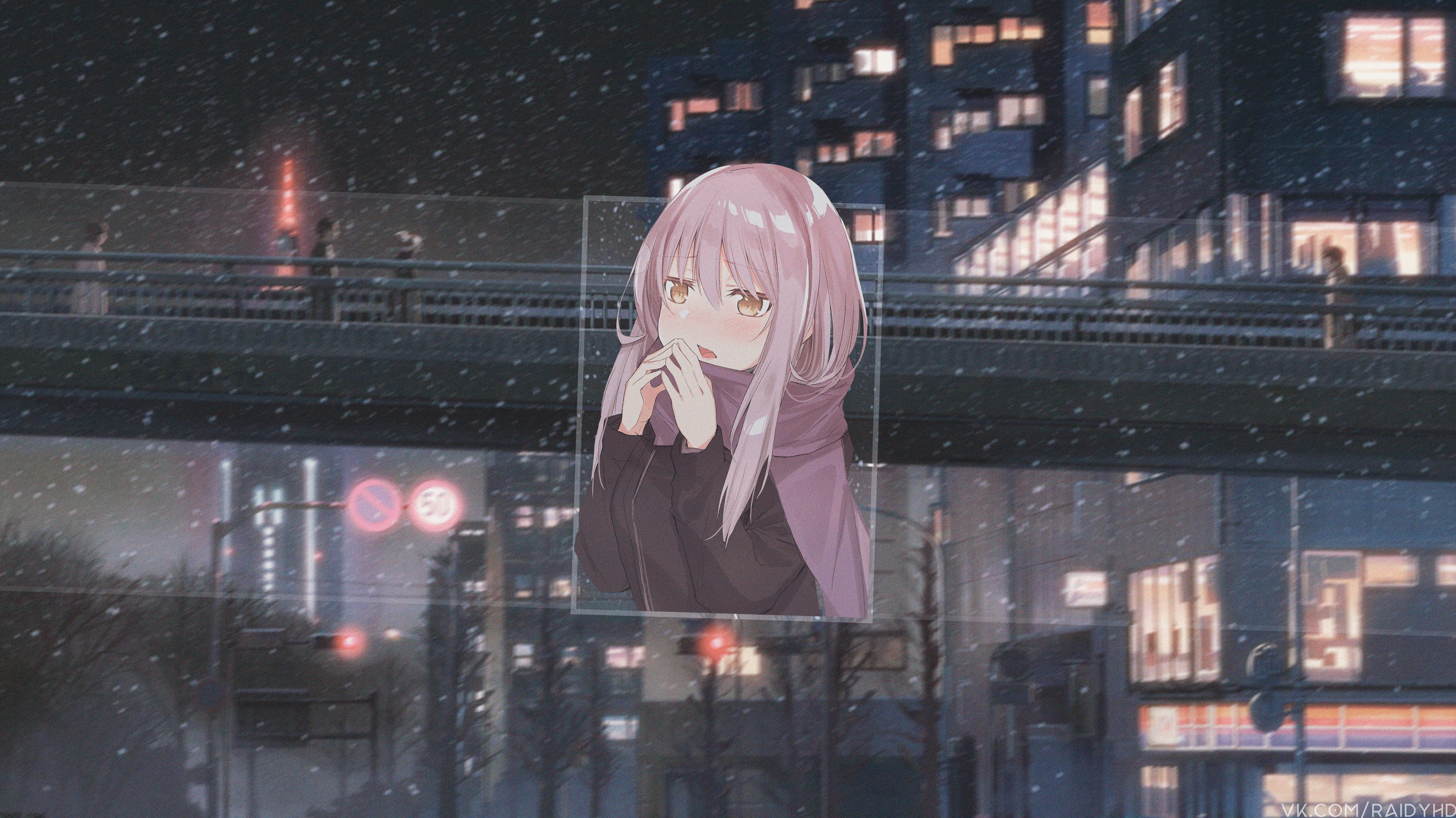 Anime girl with pink hair in a city at night HD Wallpaper