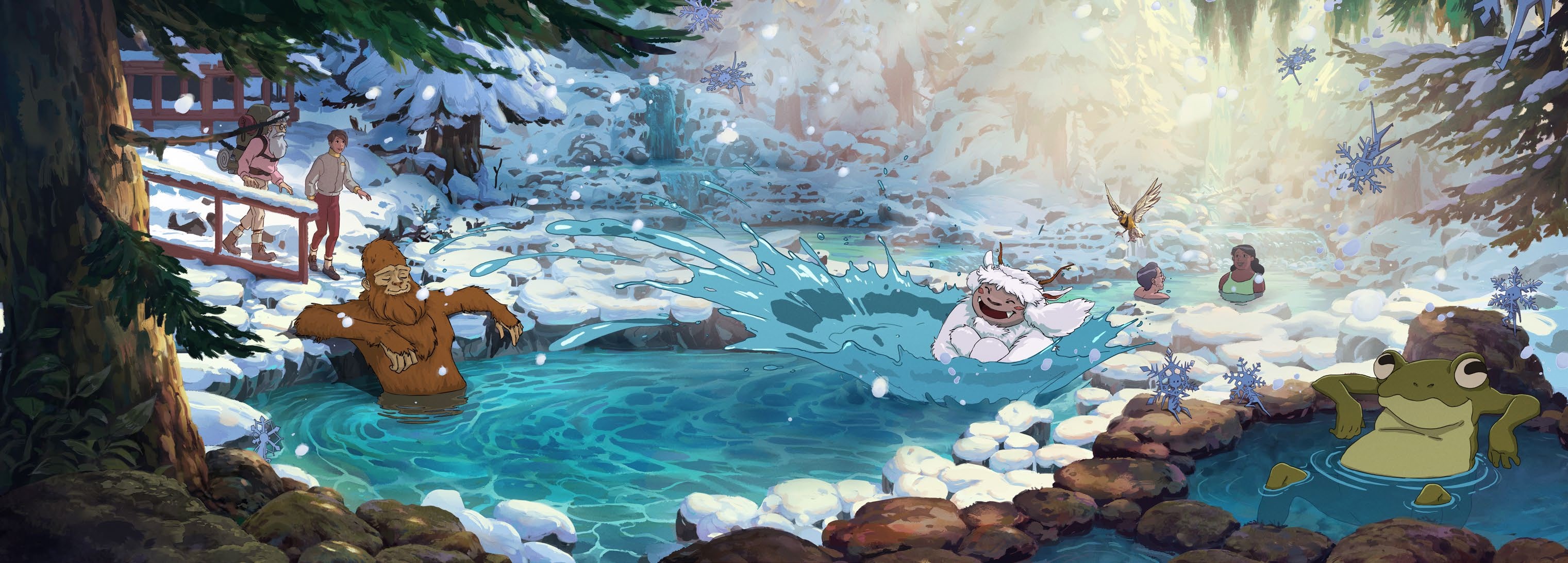 Sasquatch and Yeti in a snowy hot spring HD Wallpaper