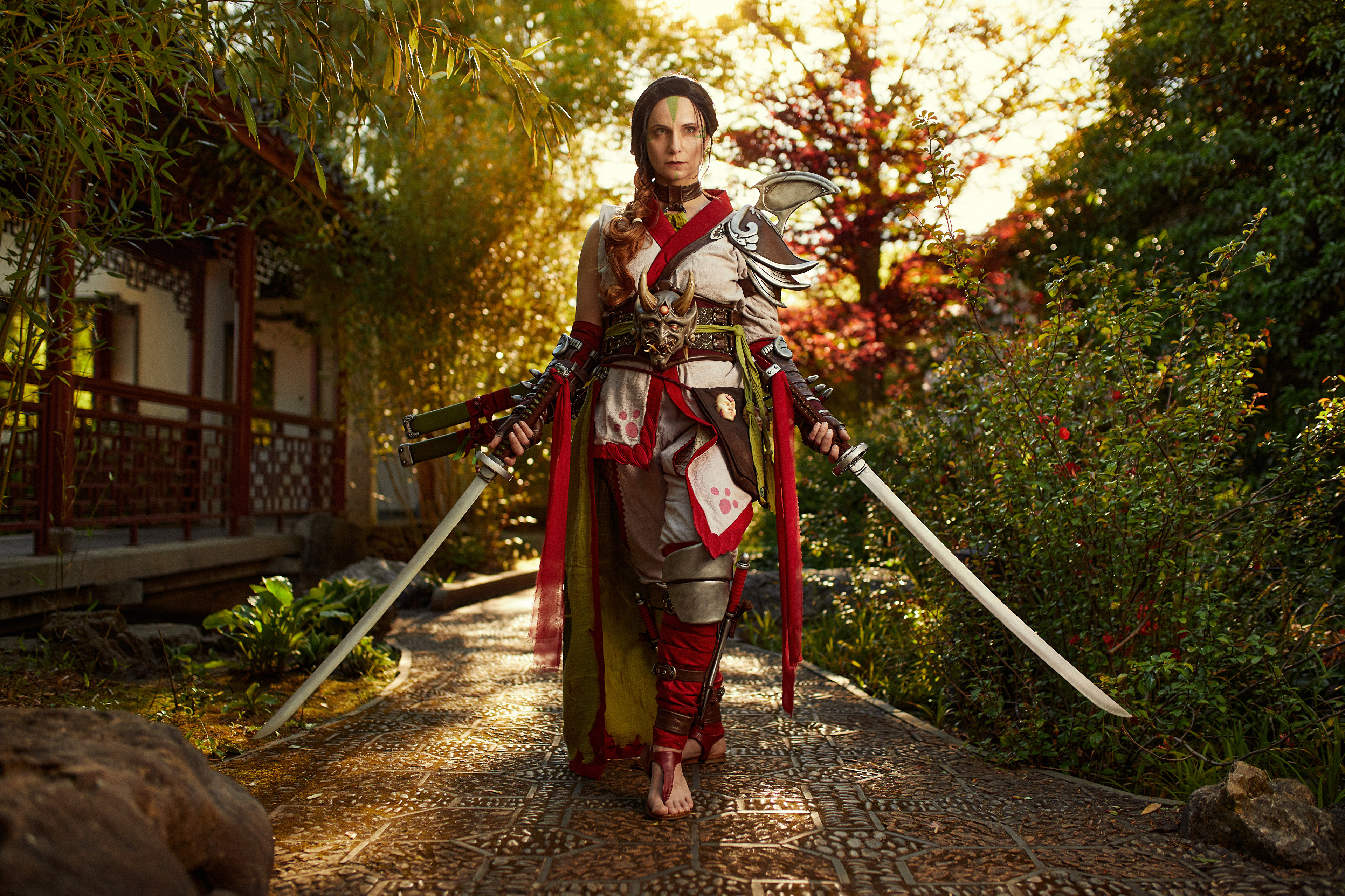 Cosplayer with Katanas in Japanese Garden 4K HD Wallpaper