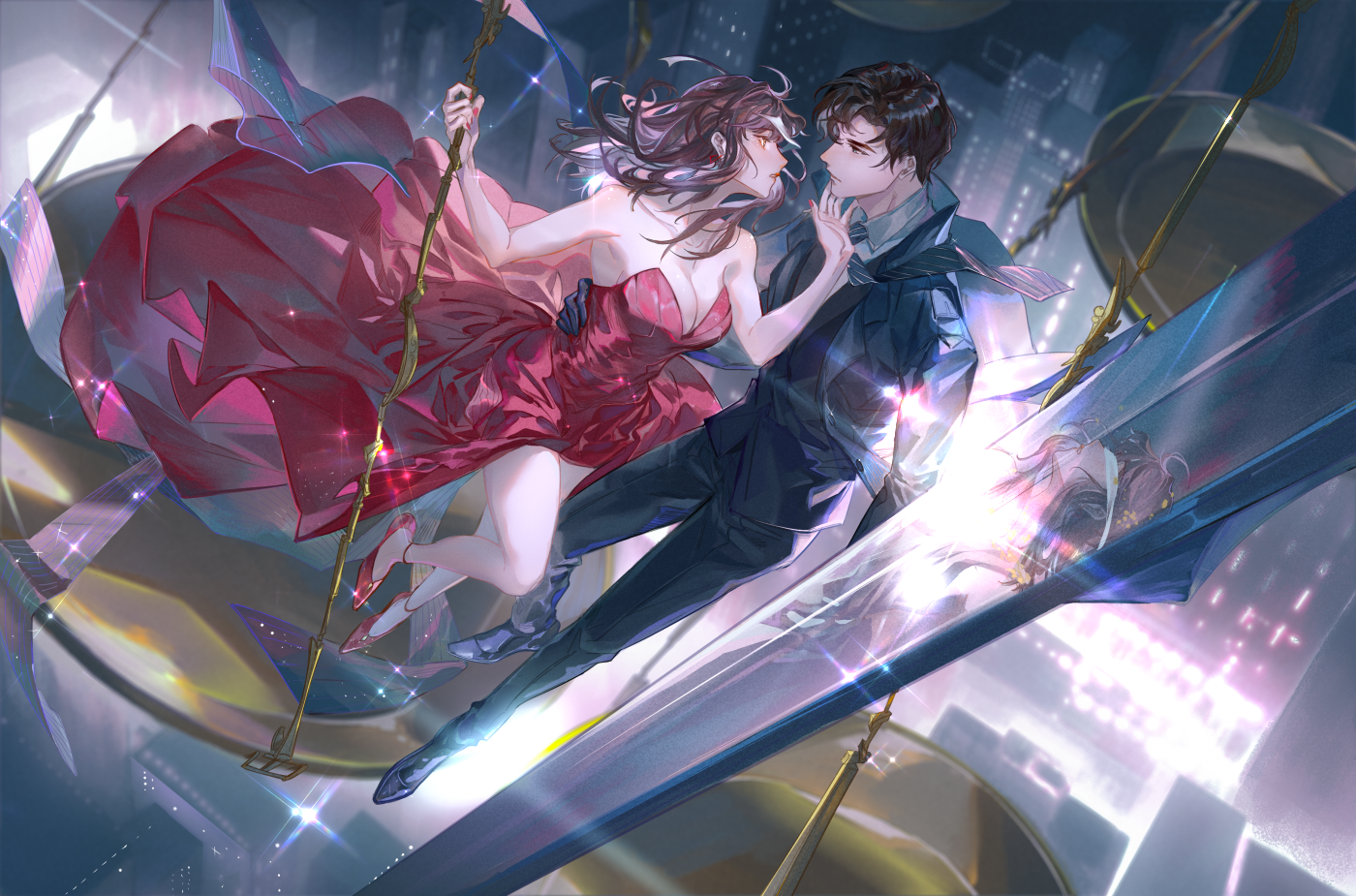 Anime couple in formal wear on a swing HD Wallpaper