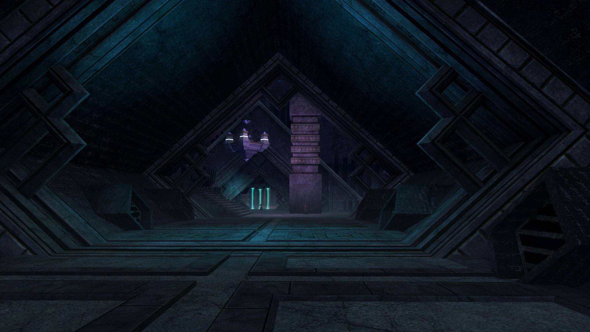 Interior of a dark, geometric chamber with glowing pillars HD Wallpaper