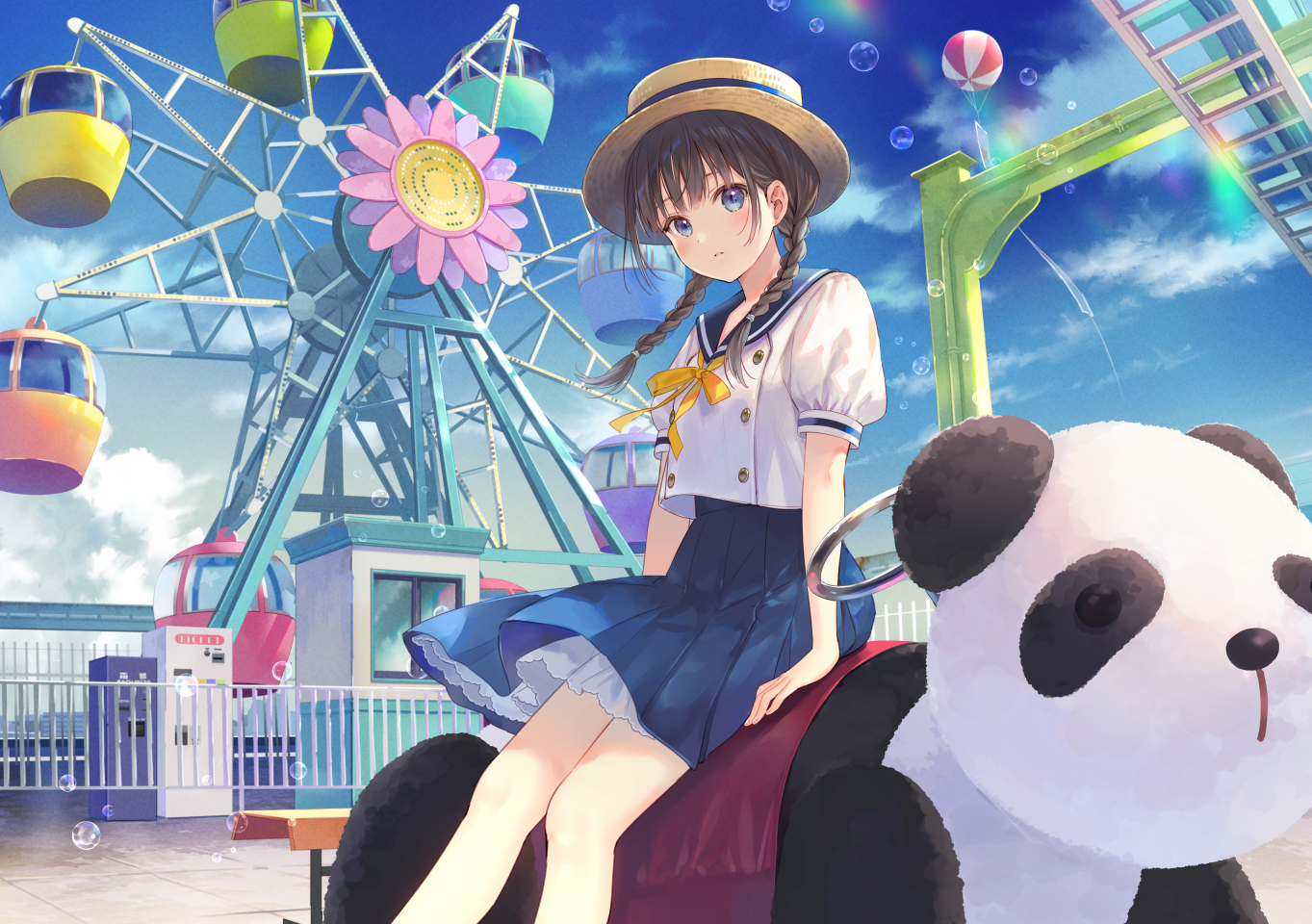 Anime girl in school uniform at an amusement park HD Wallpaper