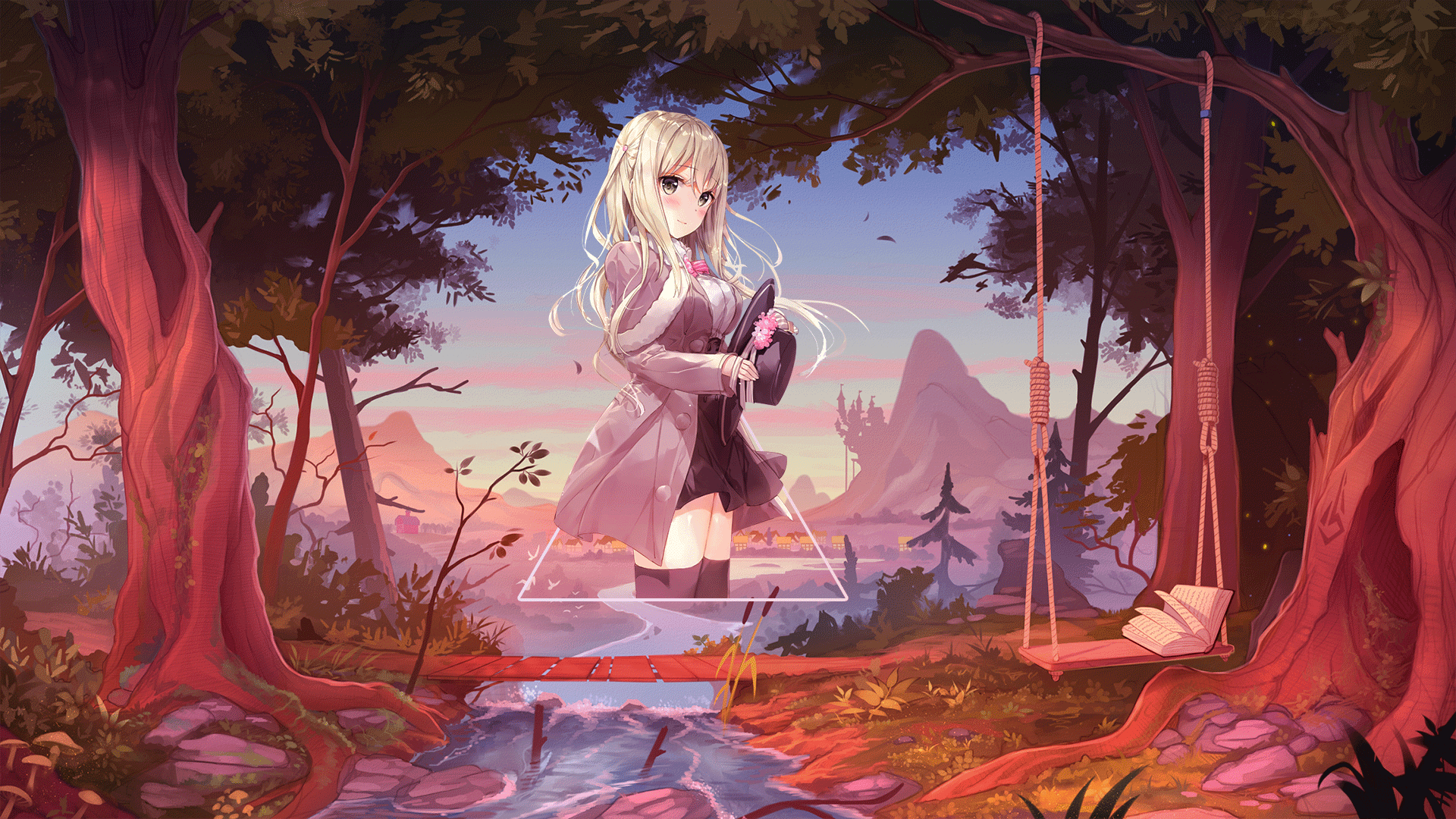 Anime girl with hat in forest with swing and book HD Wallpaper