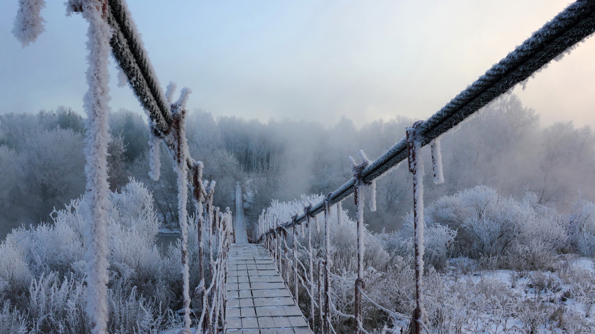 Frozen suspension bridge in winter mist HD Wallpaper