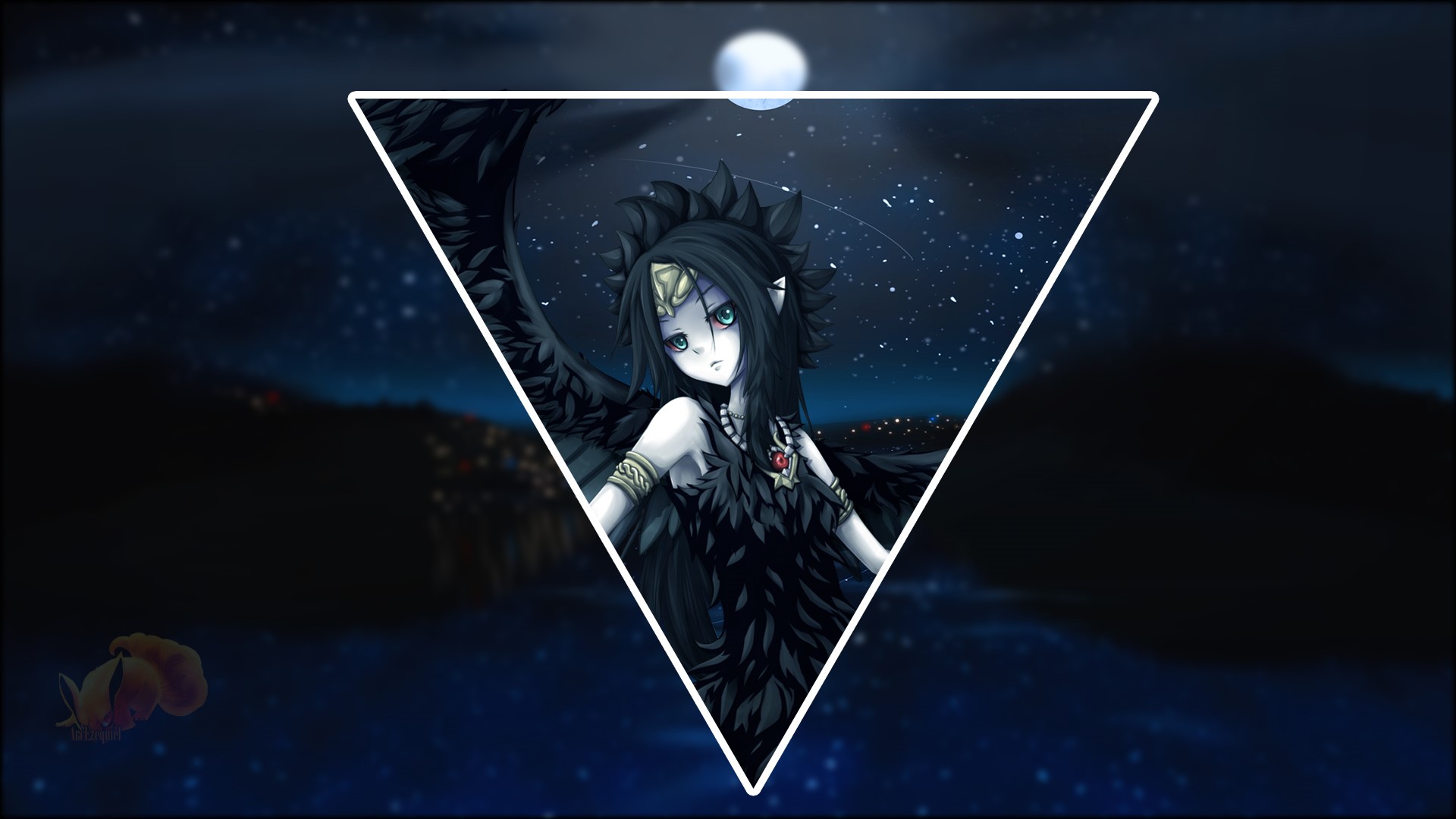 Anime girl with black wings in a triangle frame HD Wallpaper