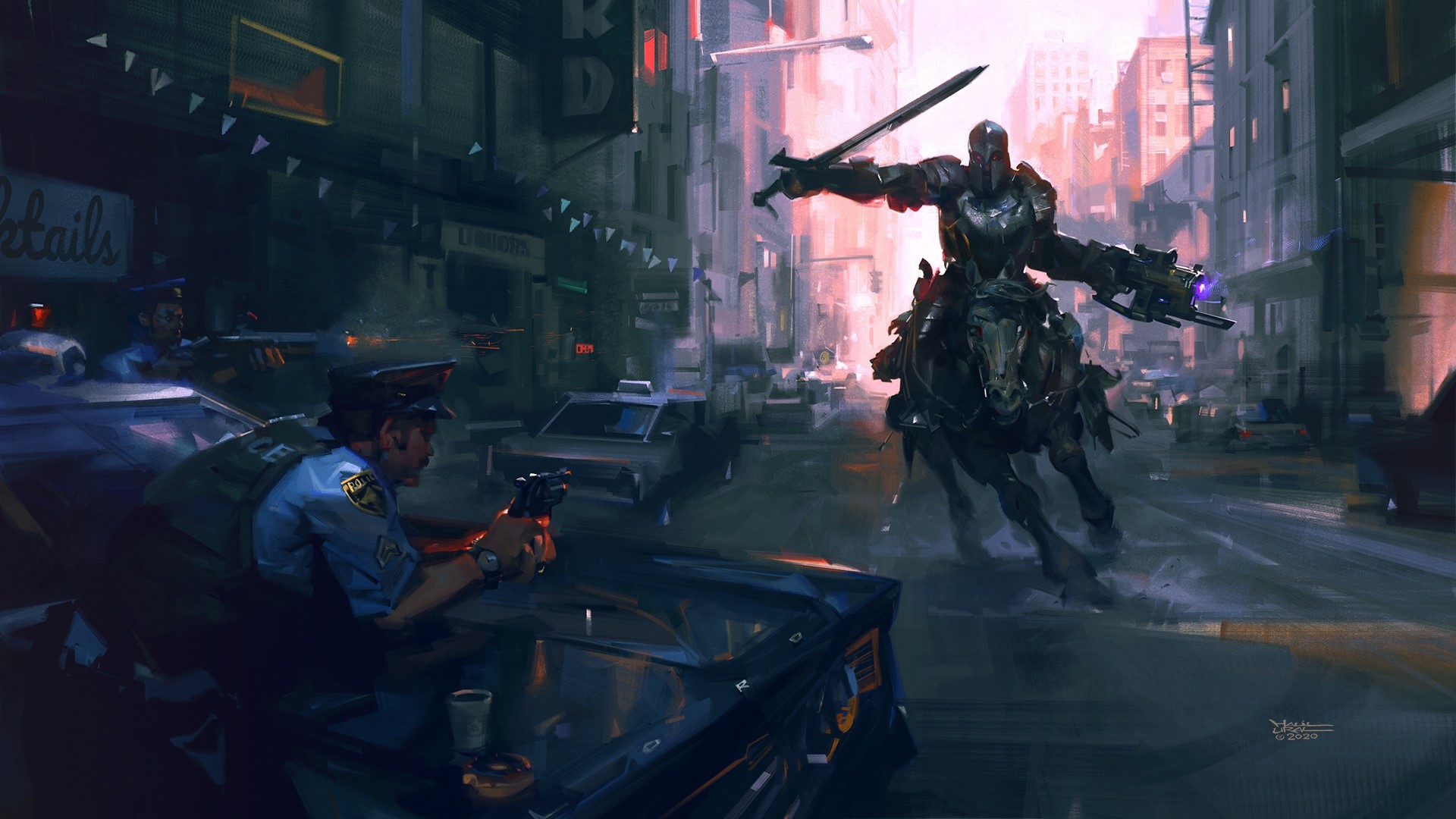 Knight on Horseback Fights Police Officers in City Street HD Wallpaper