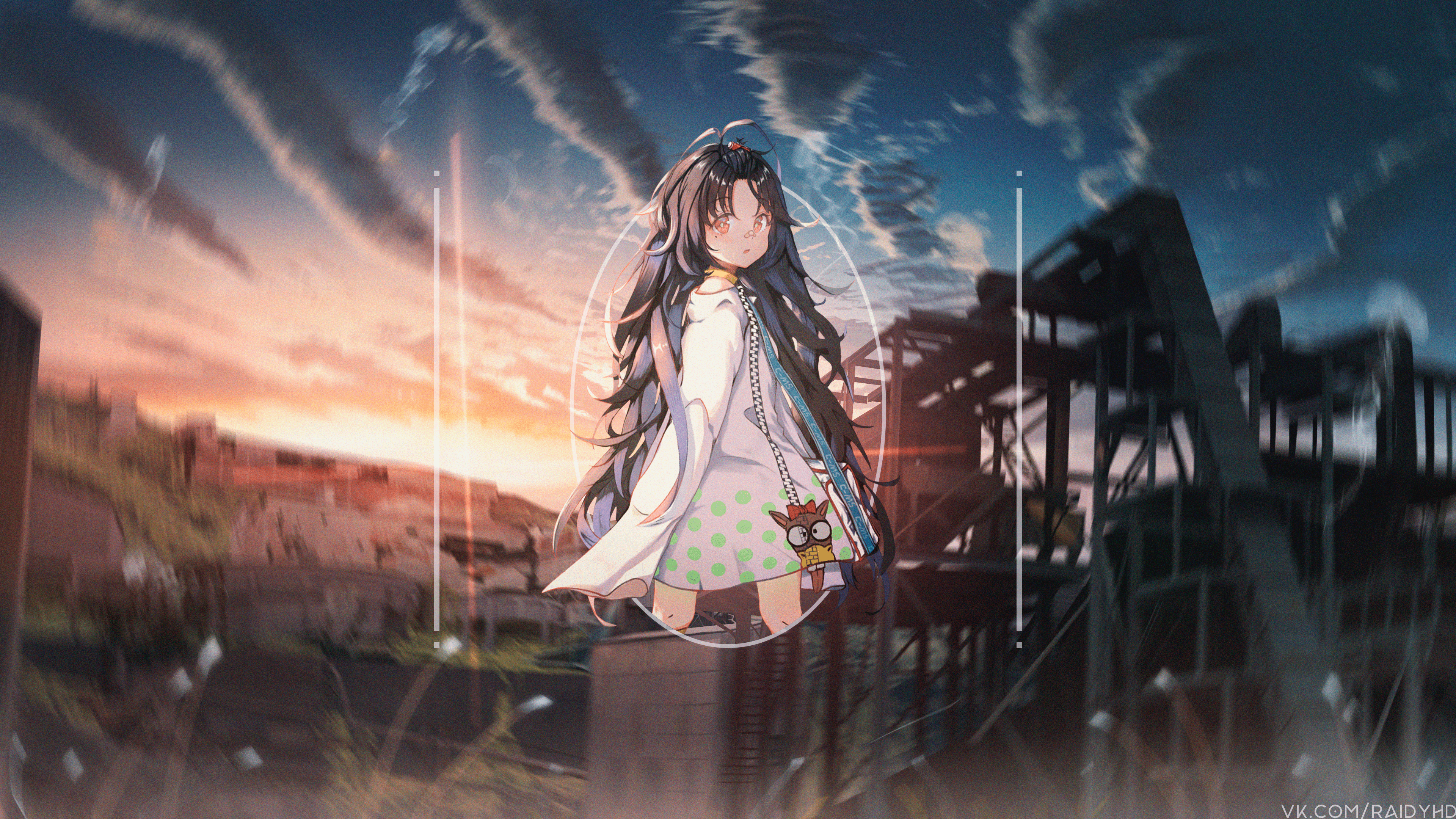 Anime girl with owl bag in ruined city at sunset HD Wallpaper