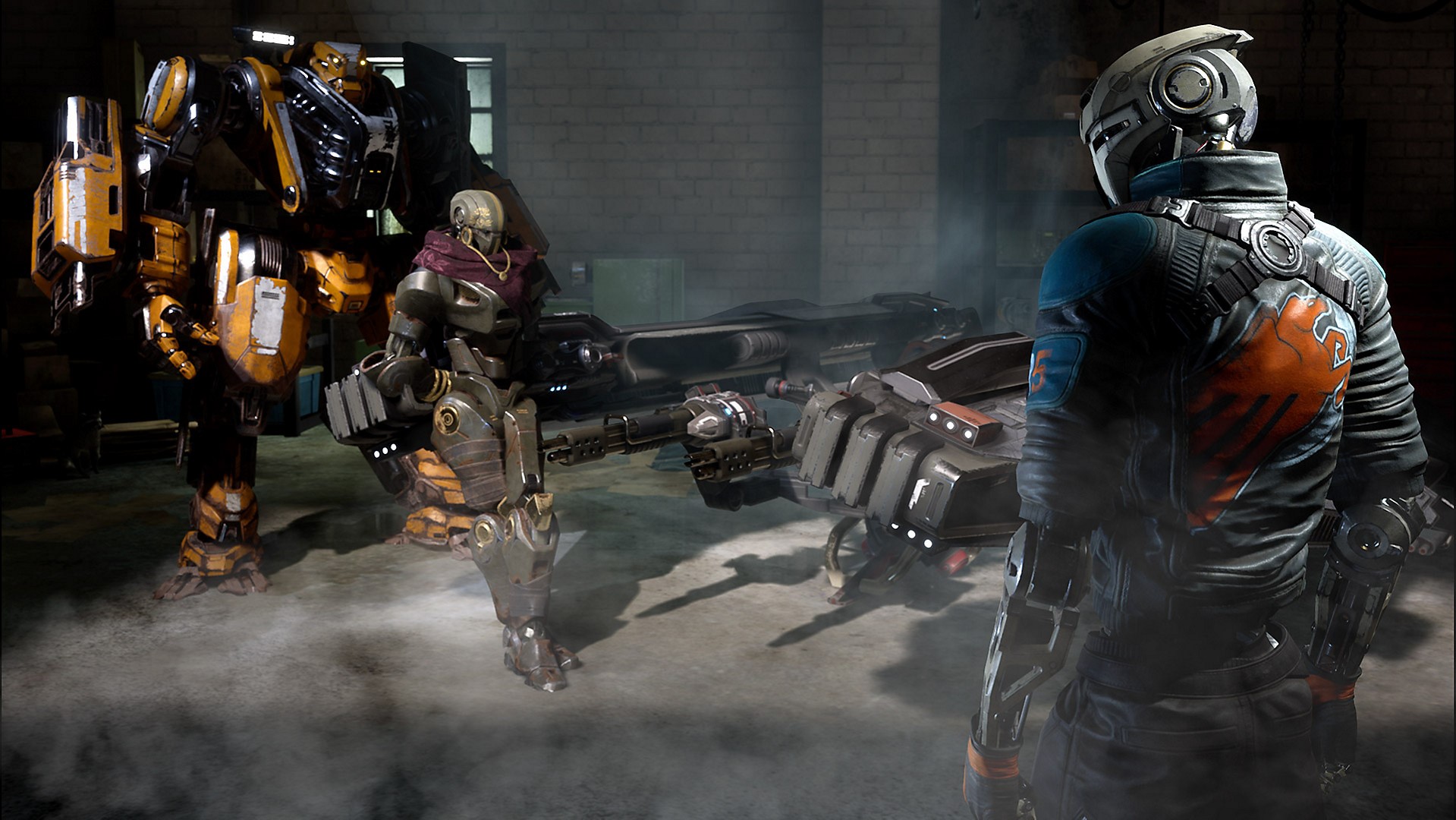 Robots and a futuristic vehicle in a warehouse HD Wallpaper