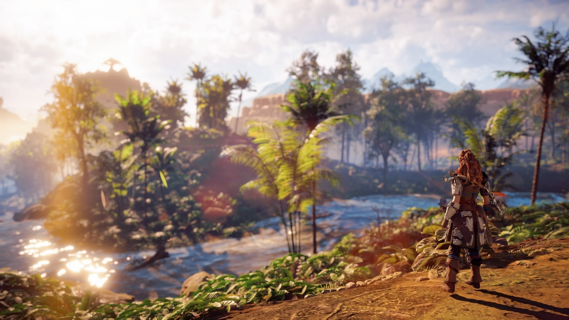Aloy from Horizon Zero Dawn in a tropical landscape HD Wallpaper