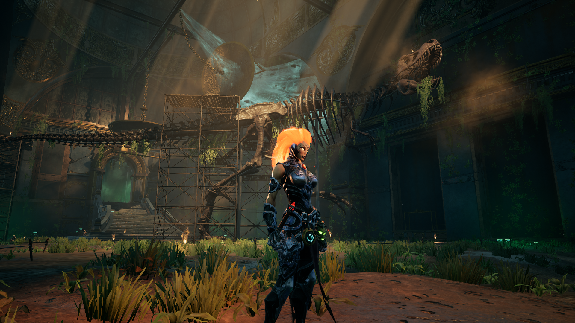 Fury from Darksiders 3 in a dinosaur exhibit HD Wallpaper