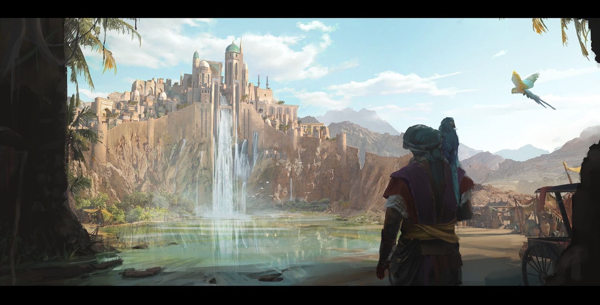 Fantasy castle with waterfalls and a person looking on HD Wallpaper