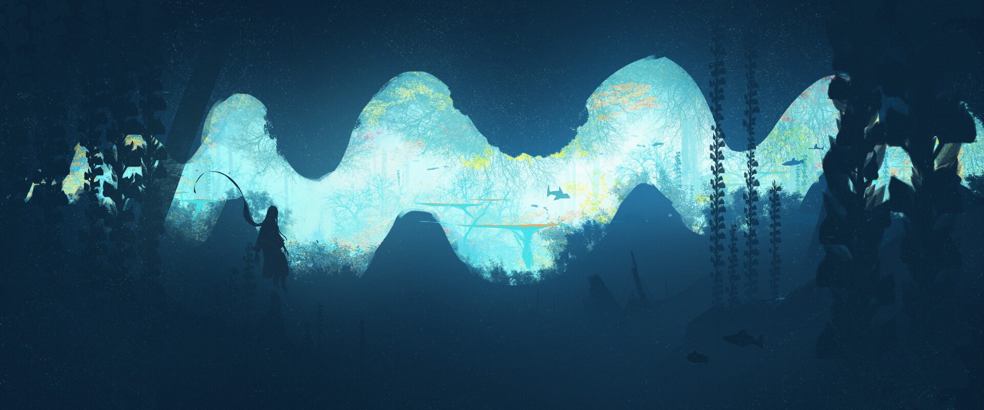 Underwater forest with a figure and fish HD Wallpaper