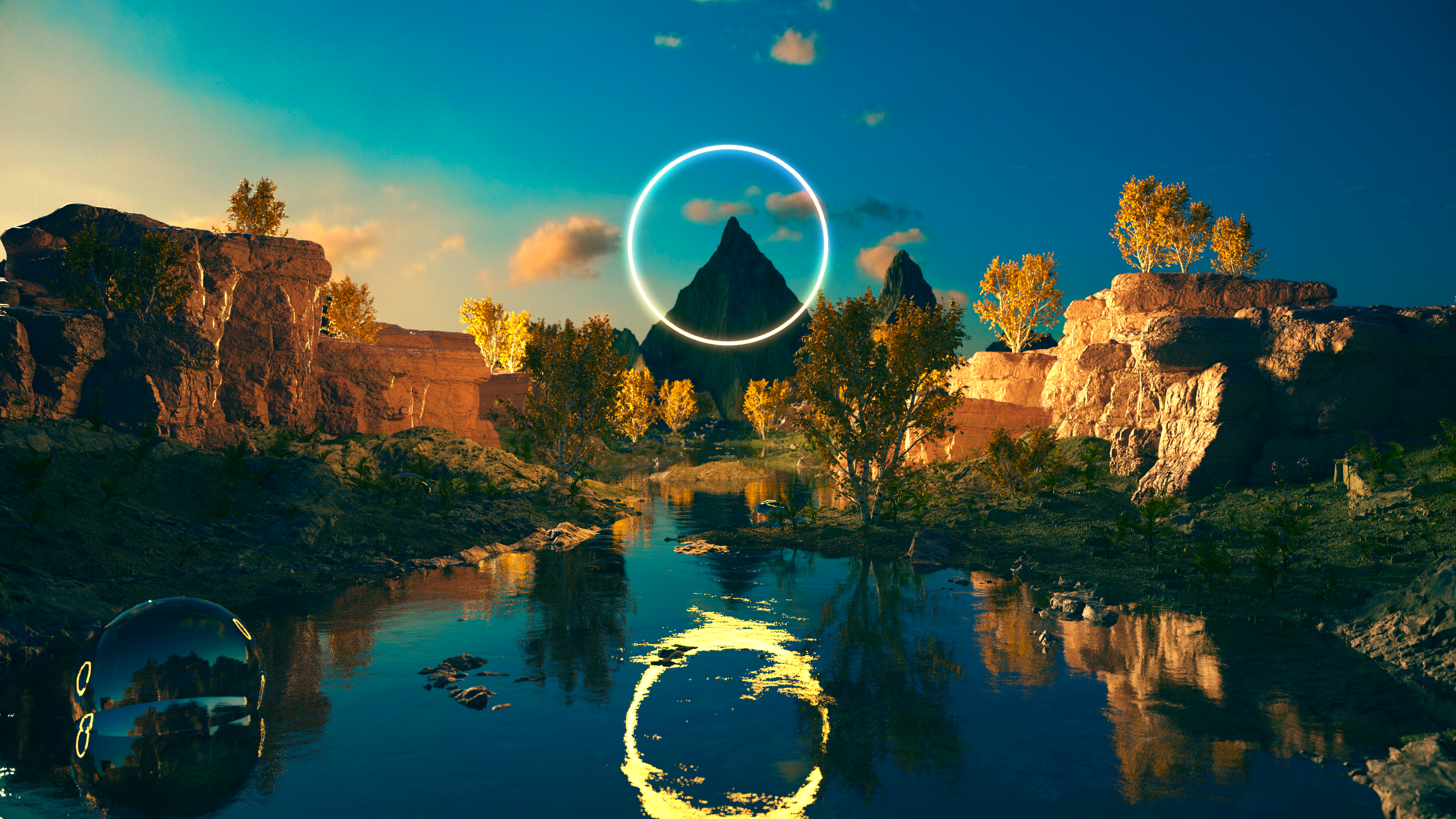 Digital art landscape with mountains, river, and glowing circle HD Wallpaper