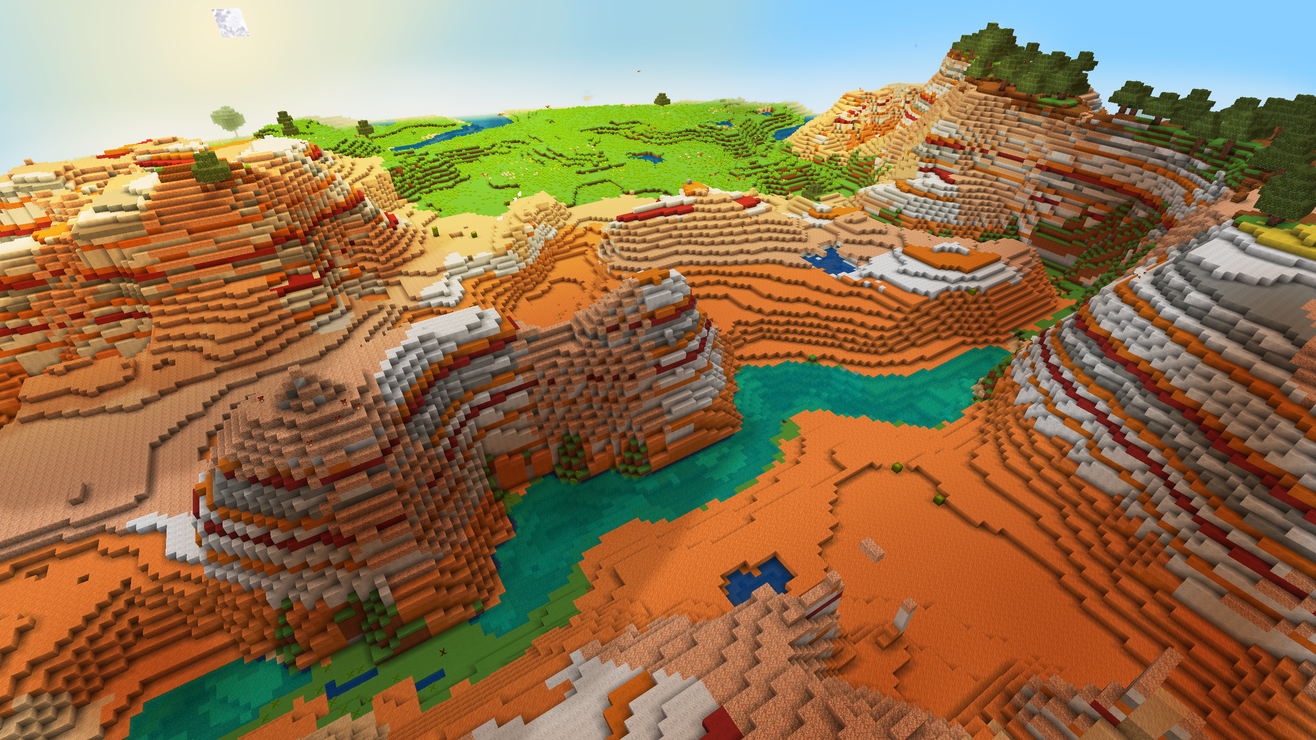 Minecraft desert canyon with river and green hills HD Wallpaper