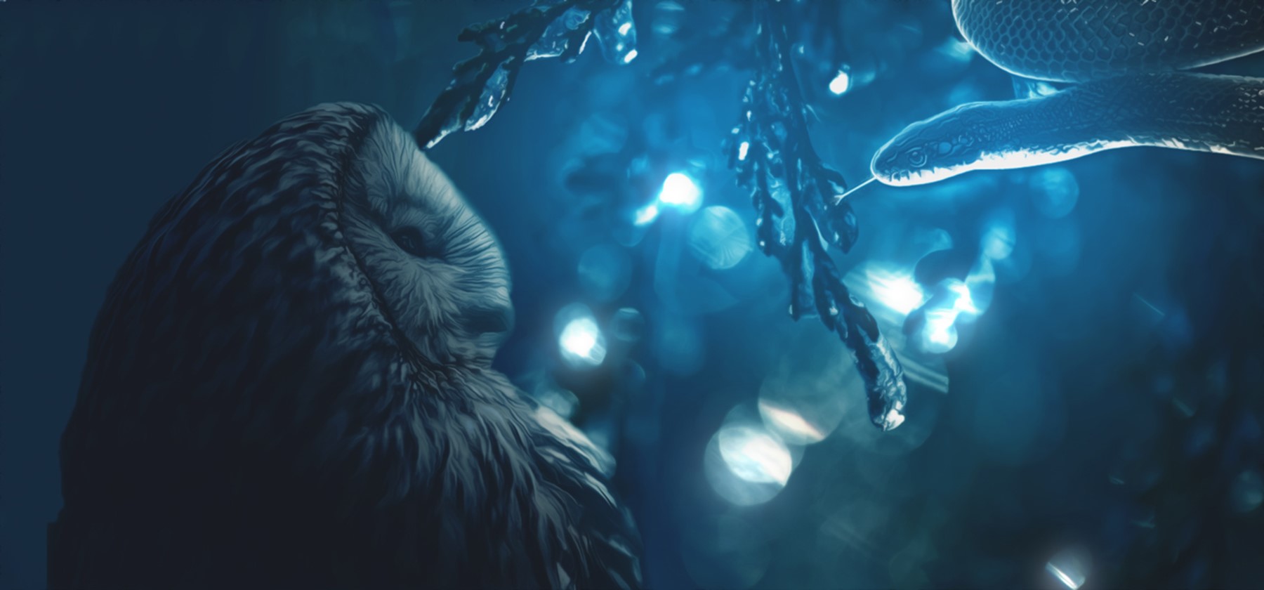 Owl and Snake in Blue Light HD Wallpaper