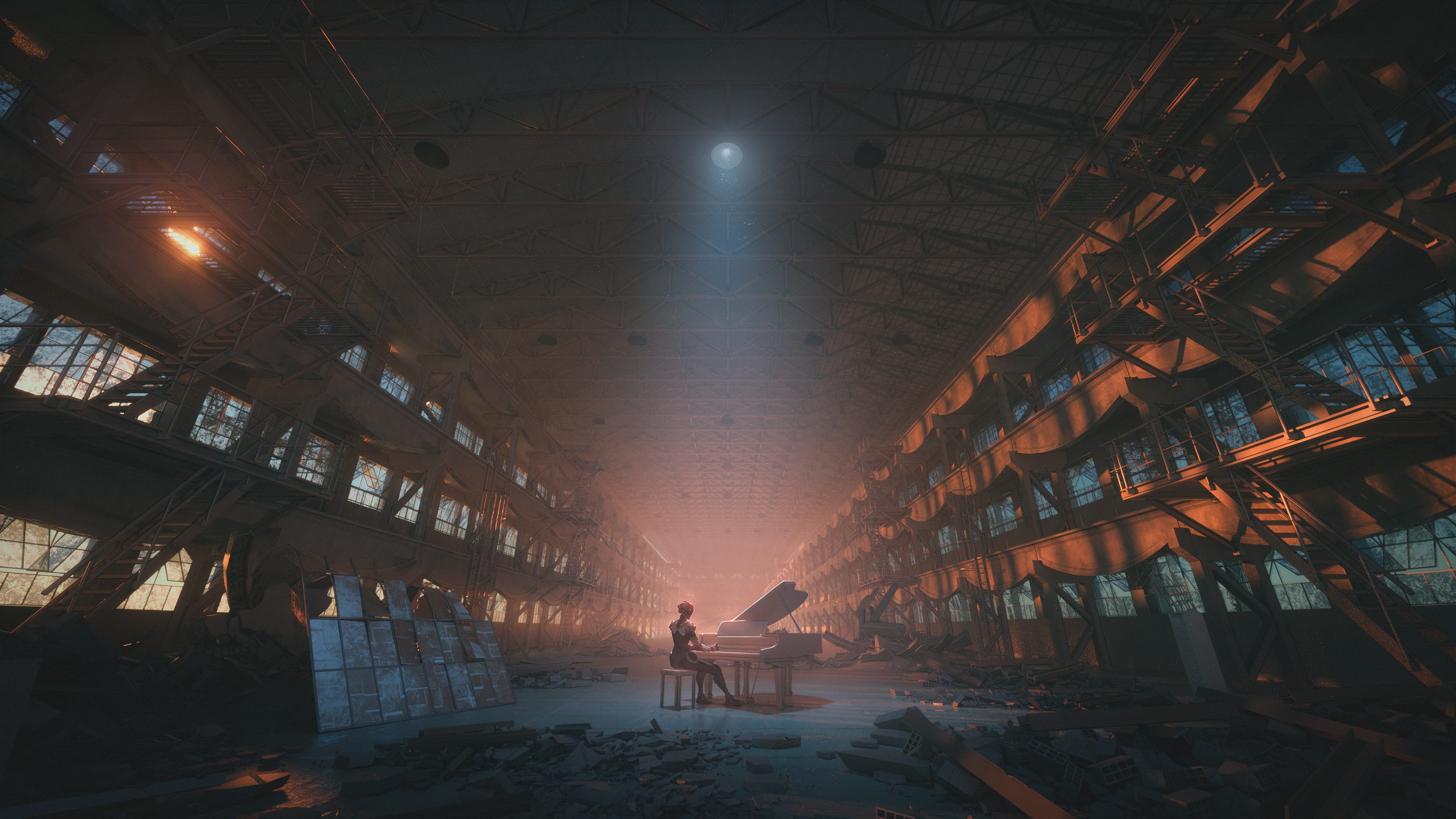 Robot playing piano in abandoned factory HD Wallpaper