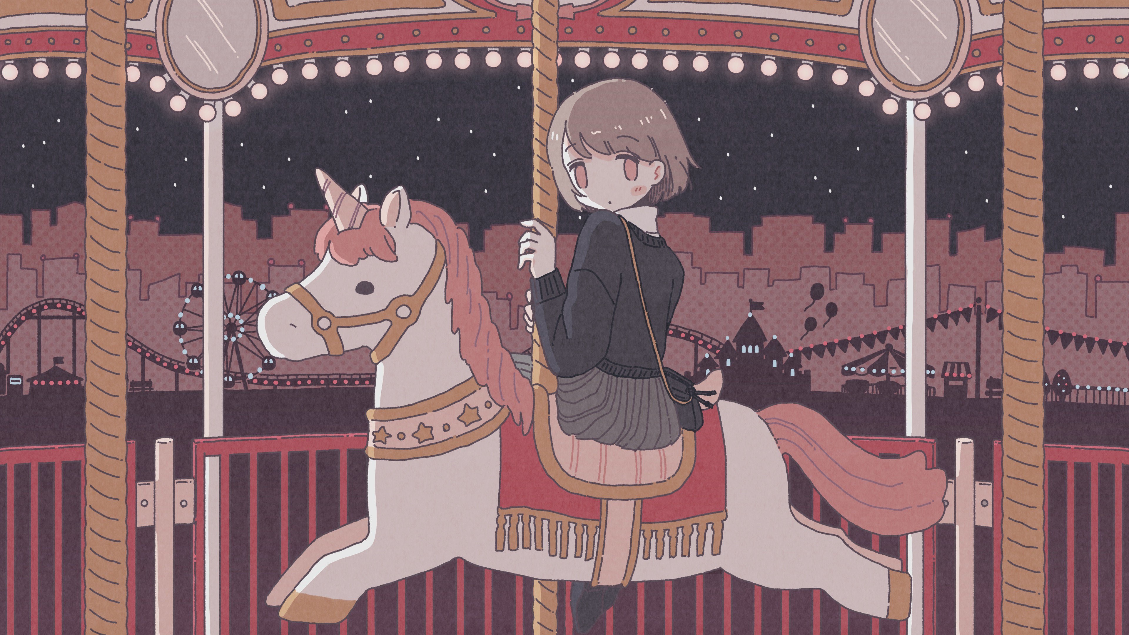 Girl on a unicorn carousel at an amusement park HD Wallpaper