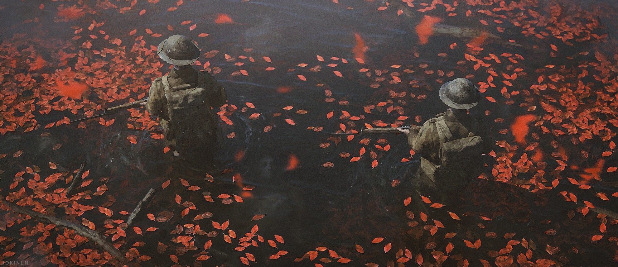 Soldiers in water with red leaves HD Wallpaper