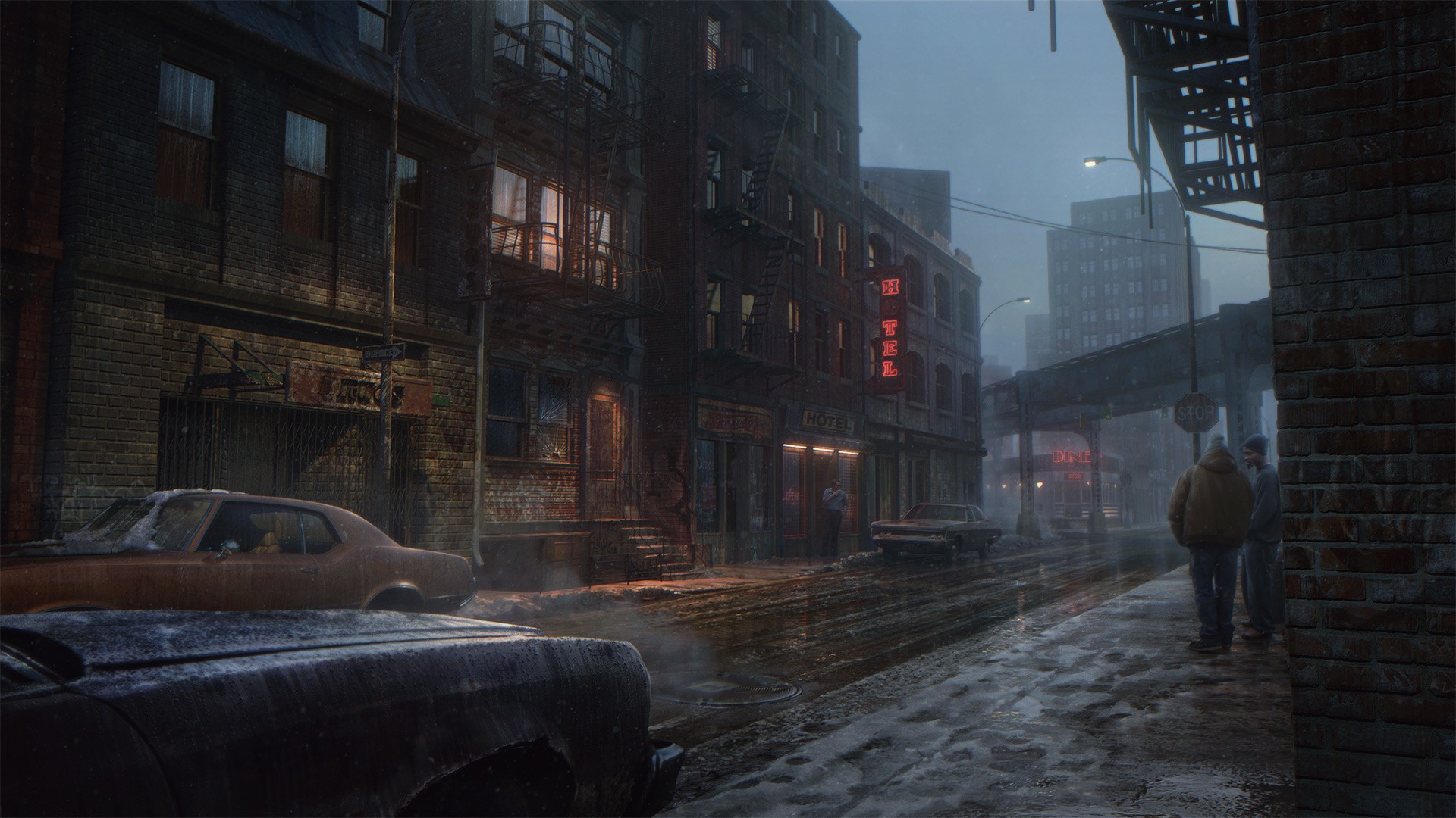 Urban street scene with hotel and cars in winter HD Wallpaper