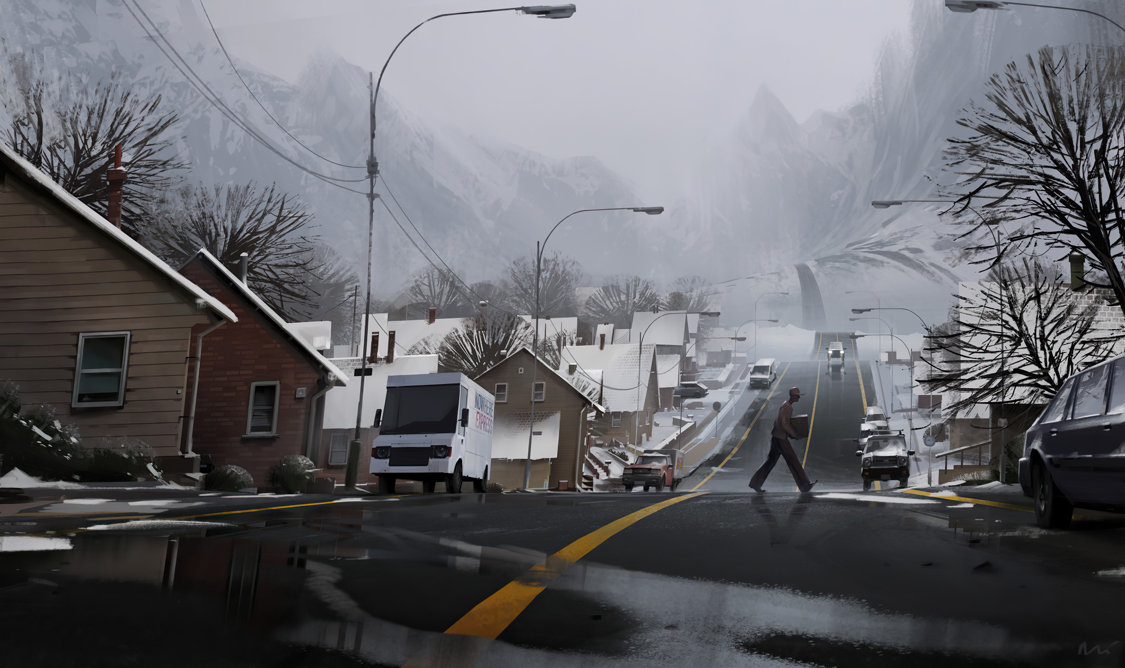 Winter town with mountains and a person walking HD Wallpaper