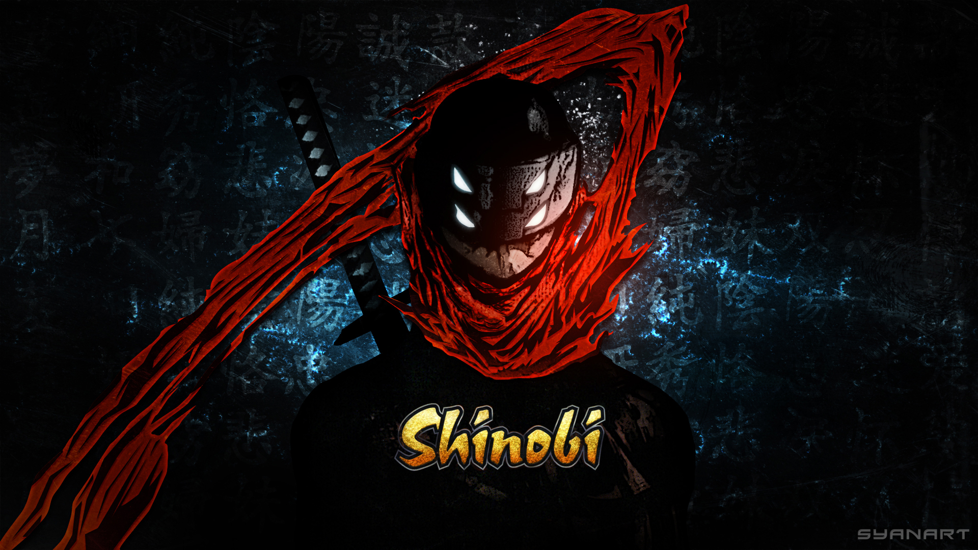 Shinobi with red scarf and katana HD Wallpaper