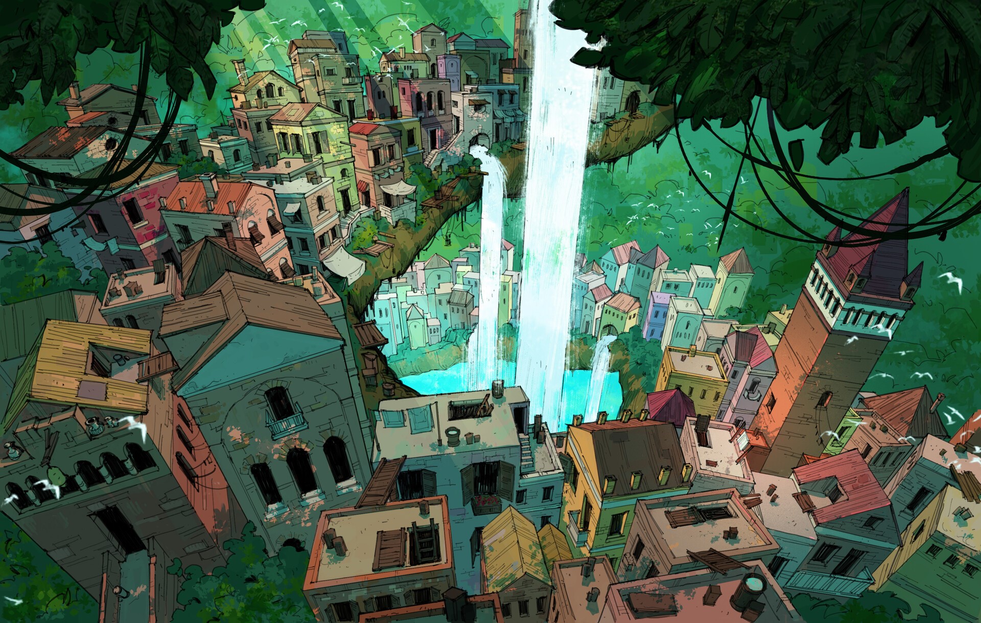 Cityscape with waterfalls and trees, digital art HD Wallpaper
