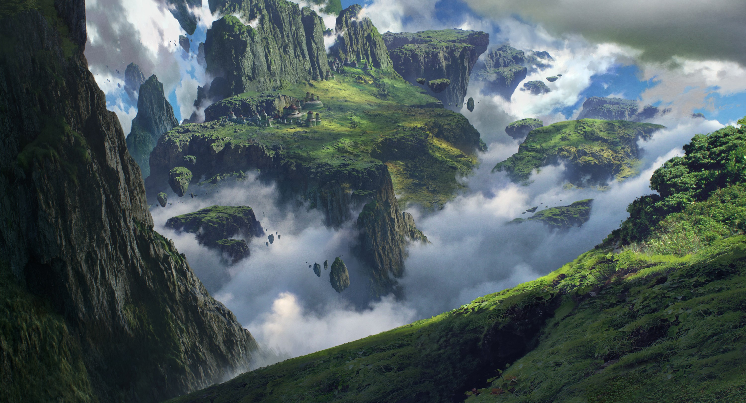 Floating islands with mountains and clouds HD Wallpaper