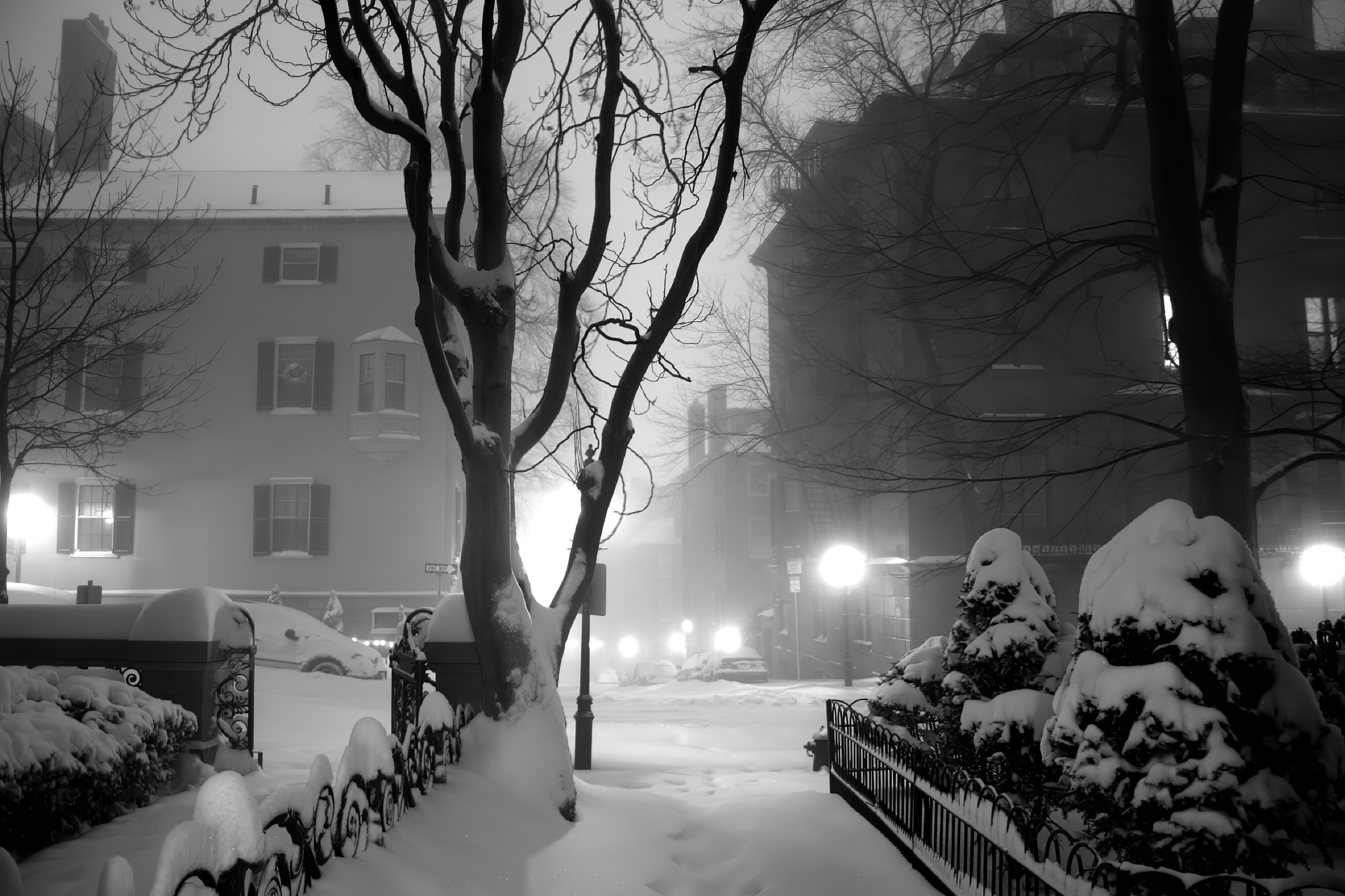 Monochrome winter night cityscape with snow and street lights HD Wallpaper