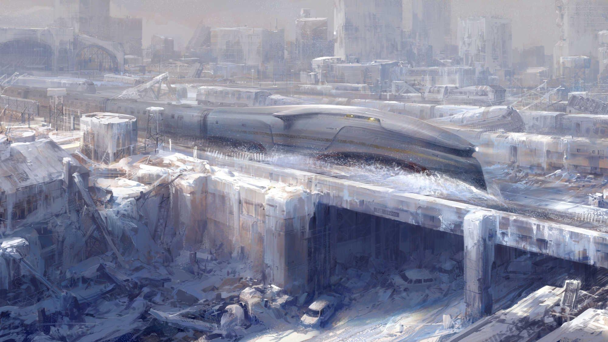 Apocalyptic train in a frozen city HD Wallpaper