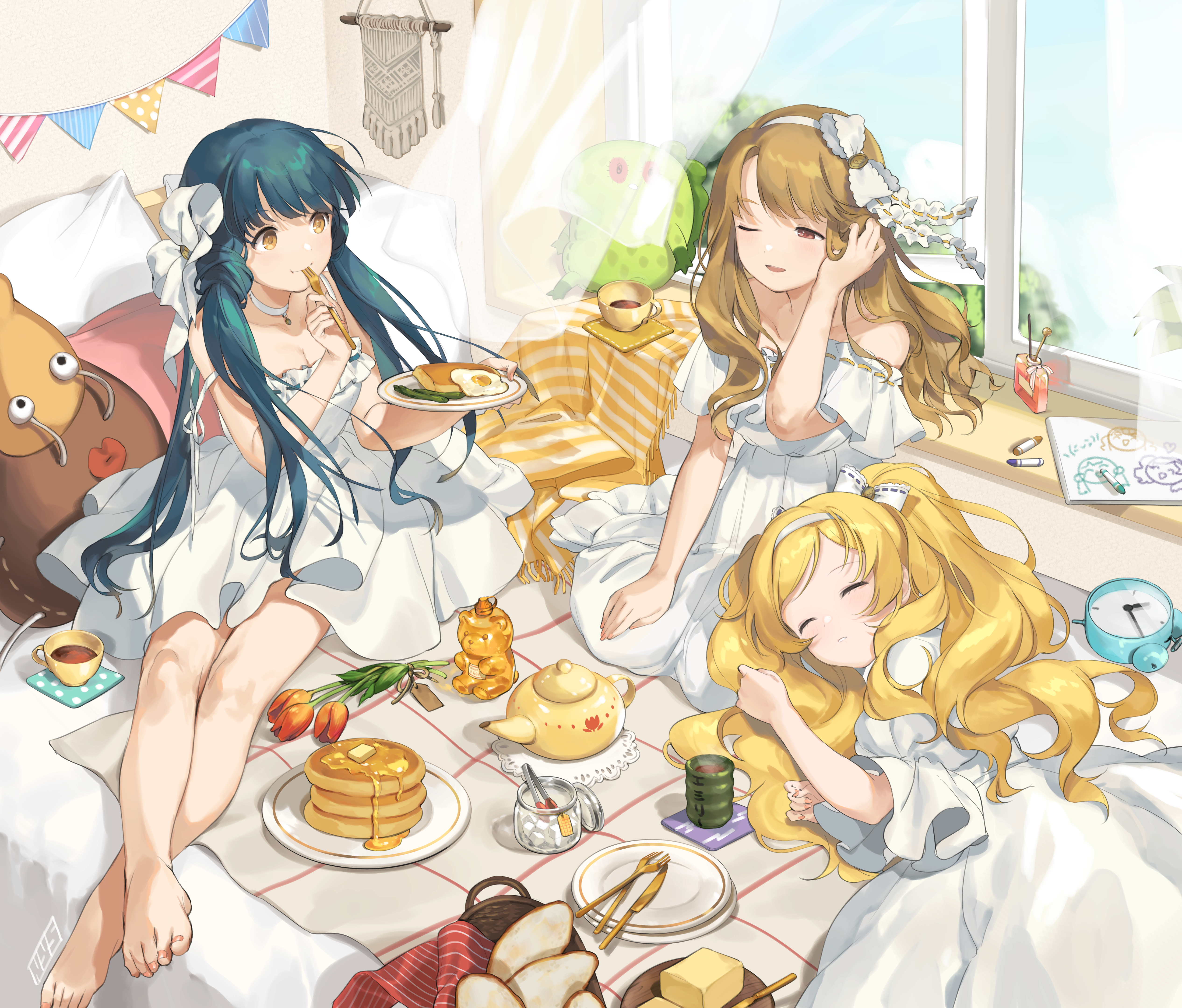 Anime girls having breakfast in a room HD Wallpaper