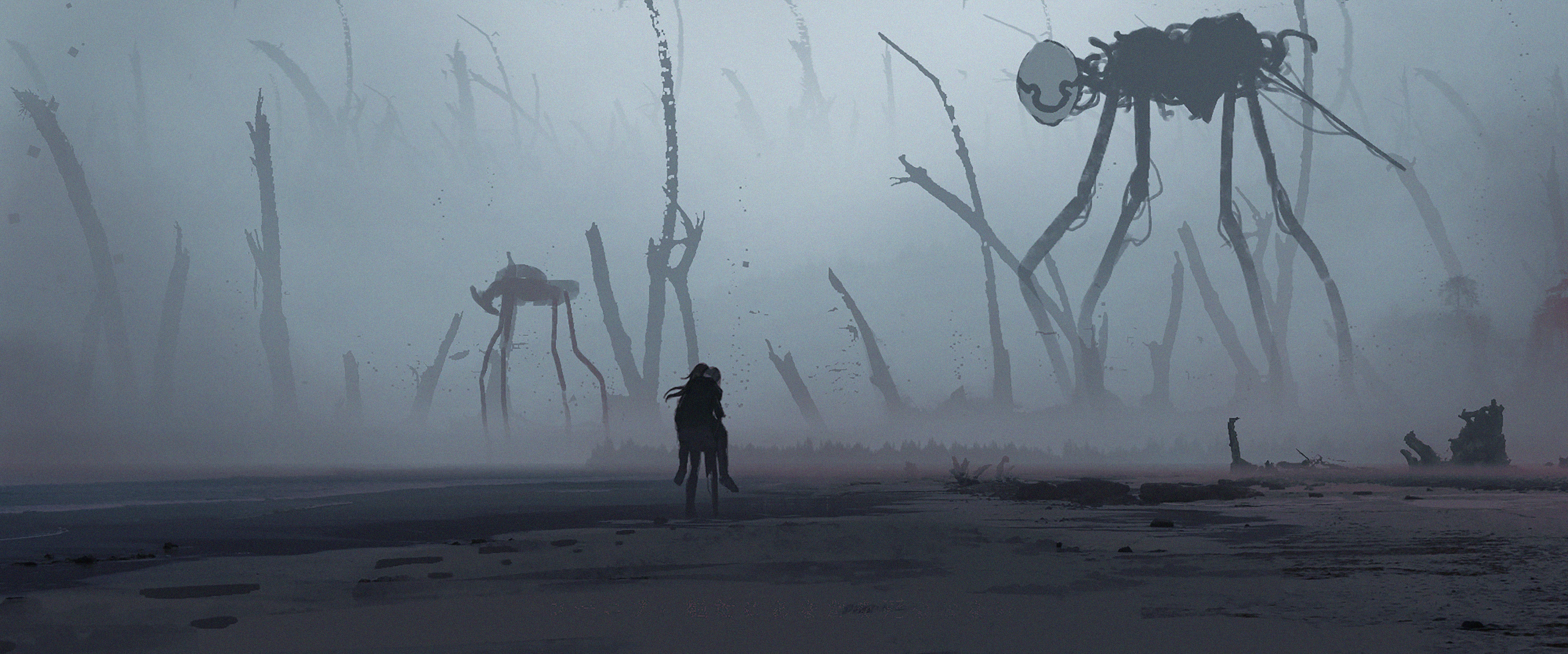Two figures in a misty landscape with robotic creatures HD Wallpaper